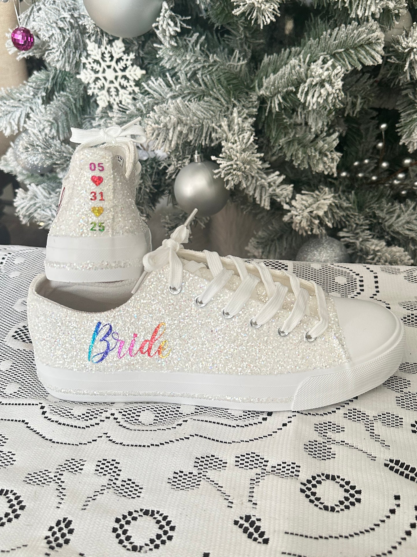 Personalized Rainbow & White Glitter Bride Sneakers