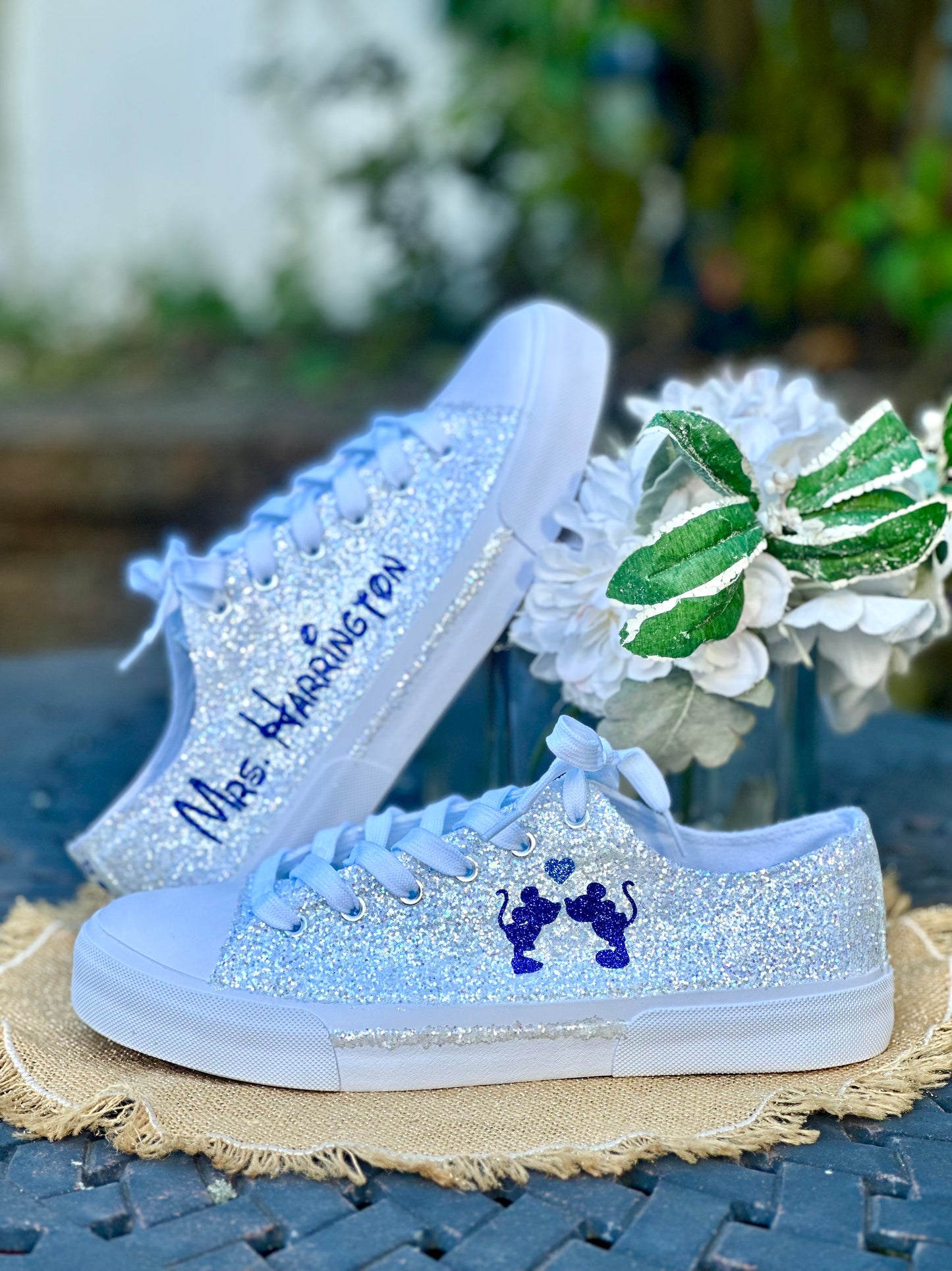 Personalized White Glitter Bride Sneakers with Mouse Inspired Writing
