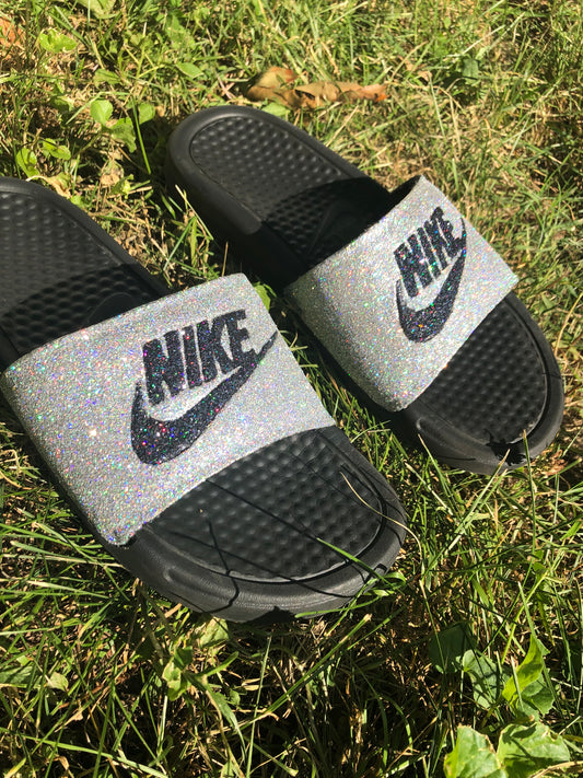 Silver Glittered Custom Nike Slides