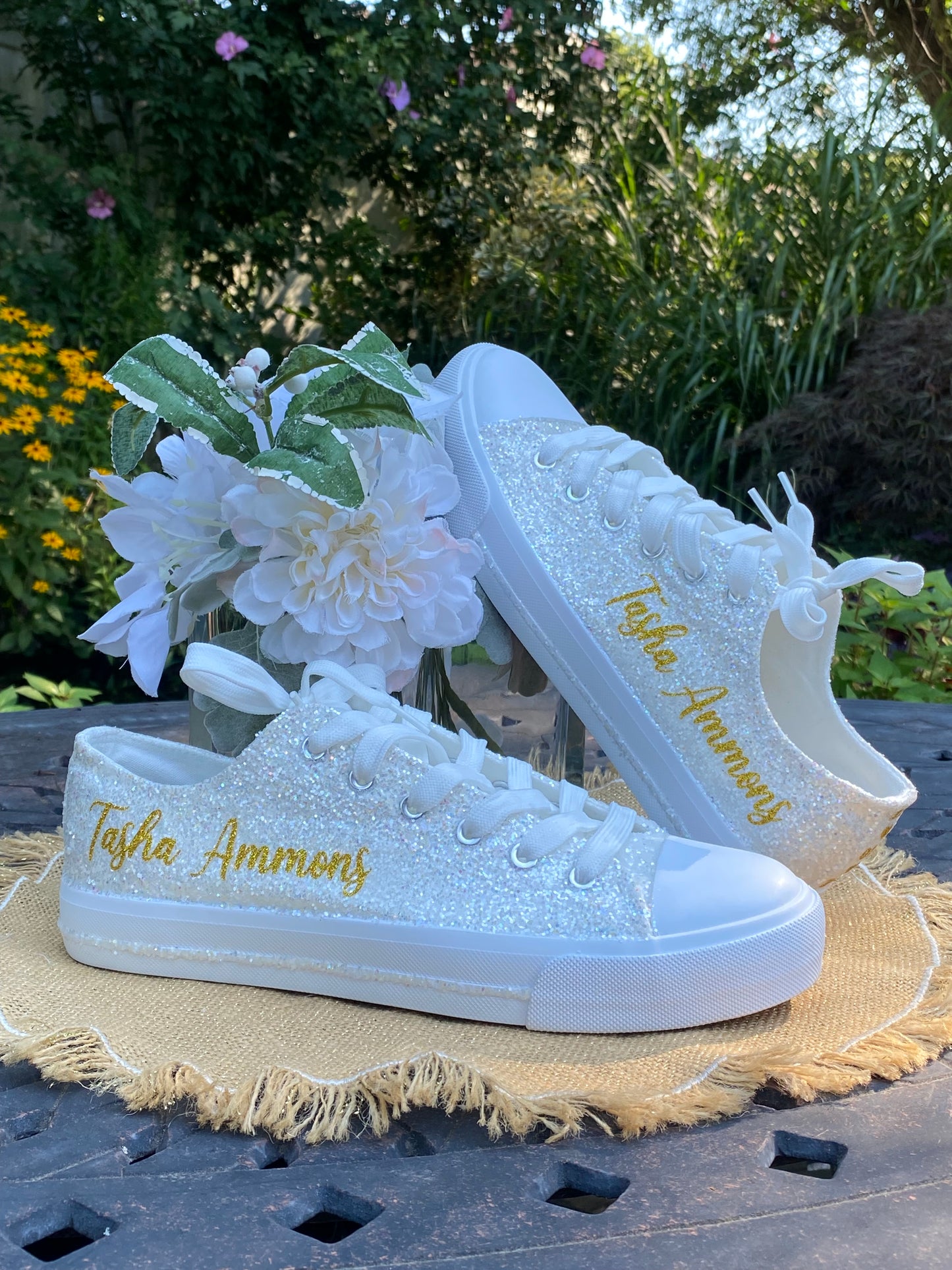 Personalized White Glitter Bride Sneakers with Gold Writing