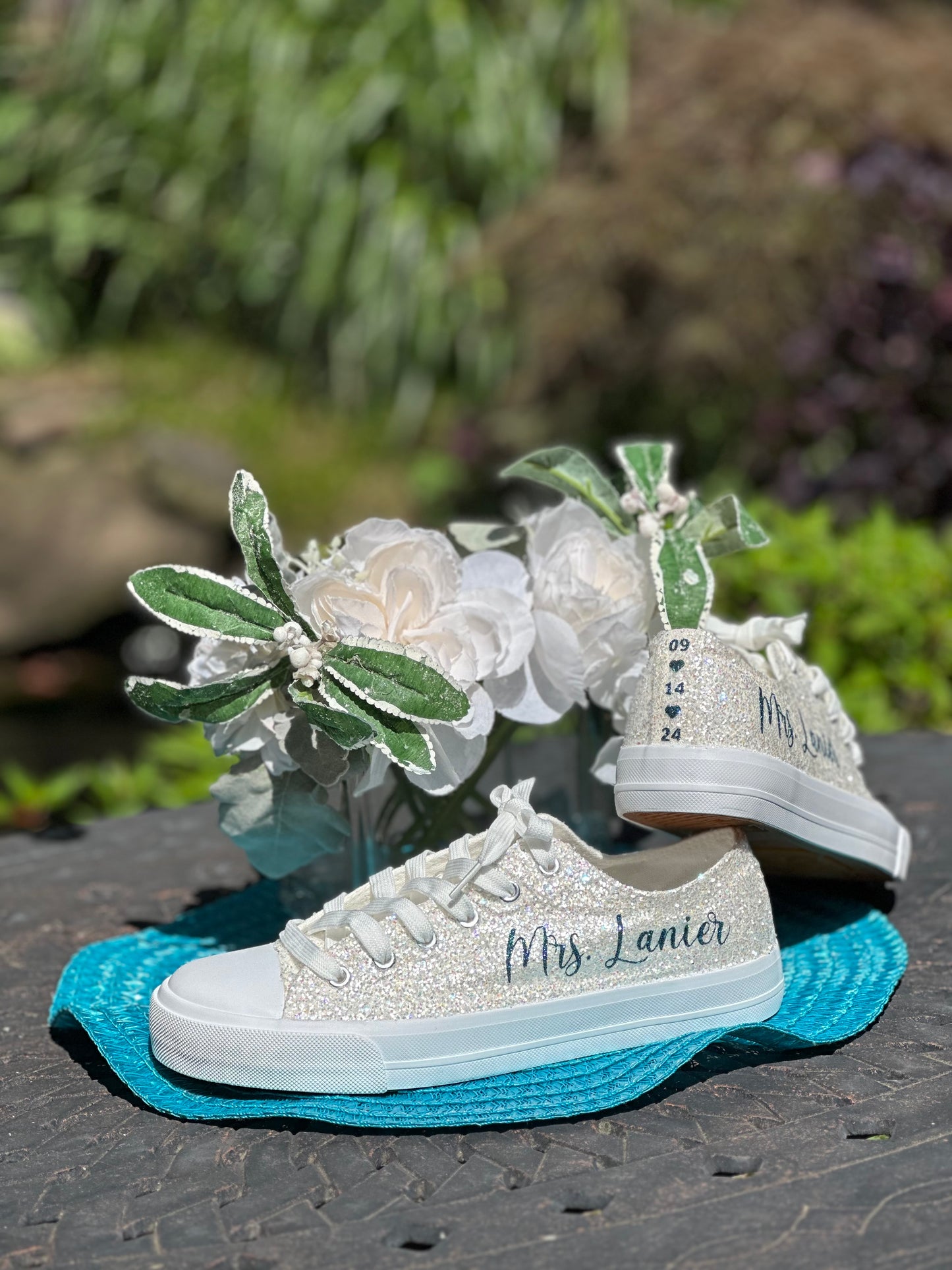 Teal Blue Personalized White Glitter Sneakers