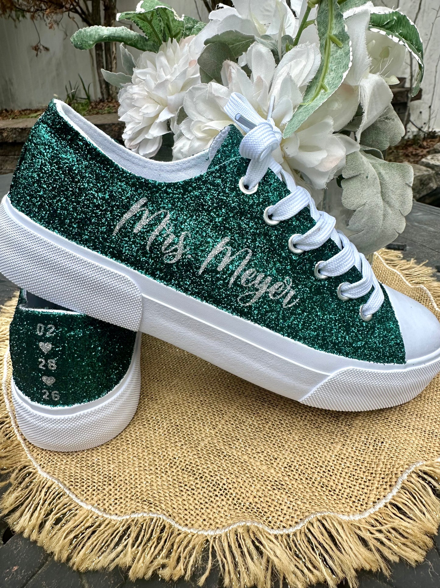 Hunter Green Glitter Wedding Sneakers with Silver Glitter Personalization