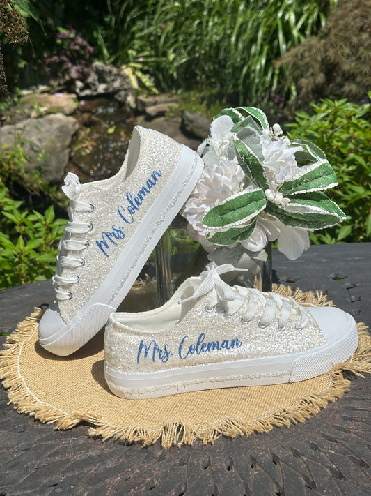 White Glitter Bride Sneakers with Blue Personalized Writing