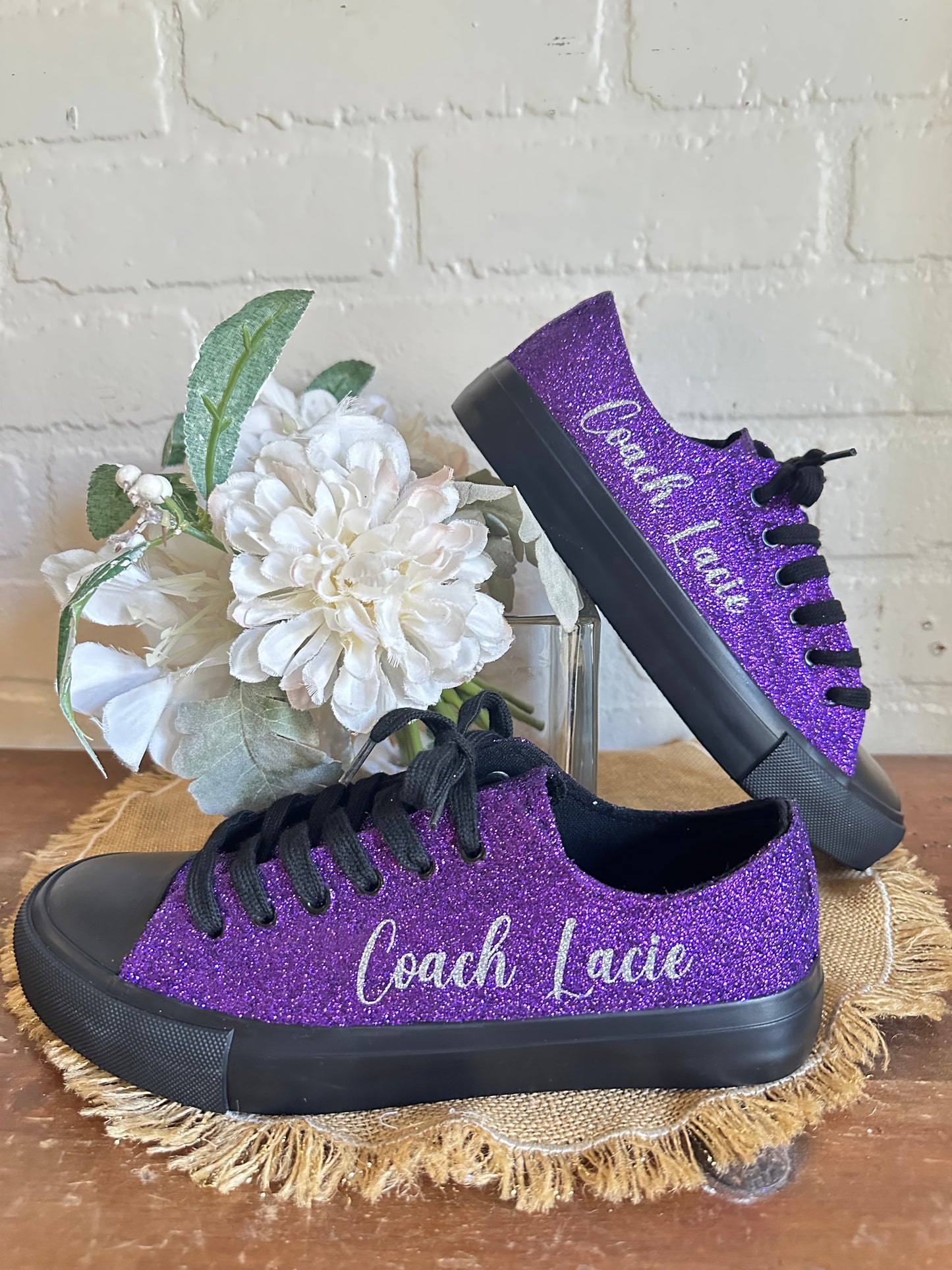 Black Personalized Plum Purple Glitter Sneakers