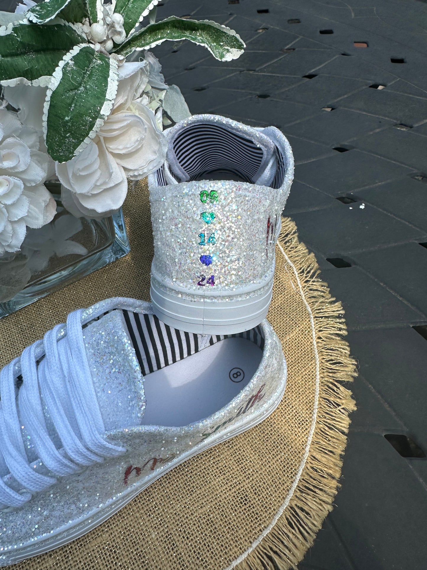 Personalized Rainbow & White Glitter Bride Sneakers