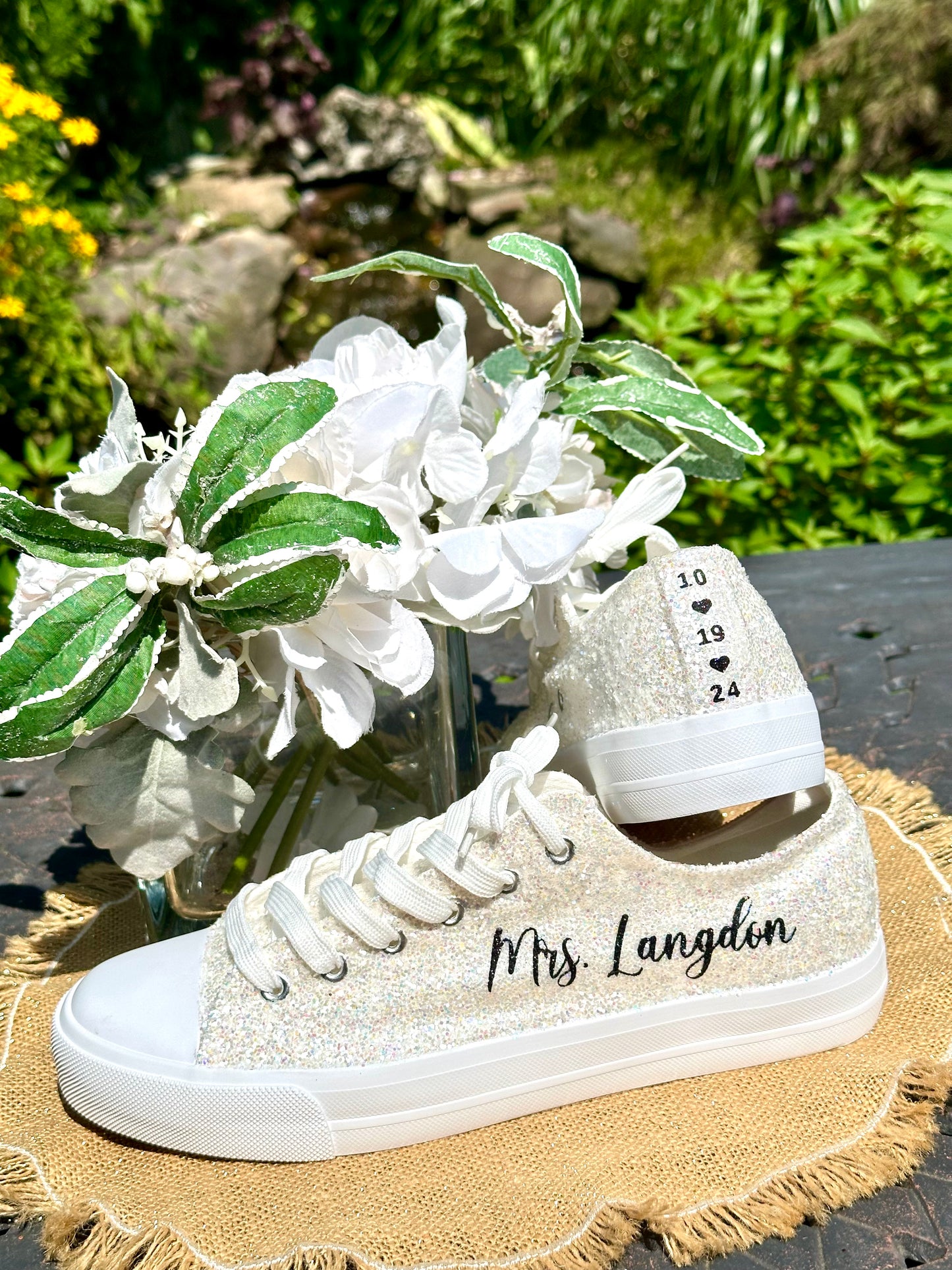 Personalized White Glitter Bride Sneakers with Black Writing