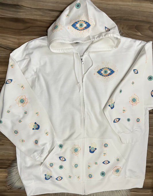 White Zip Up All Seeing Eye Sweatshirtp
