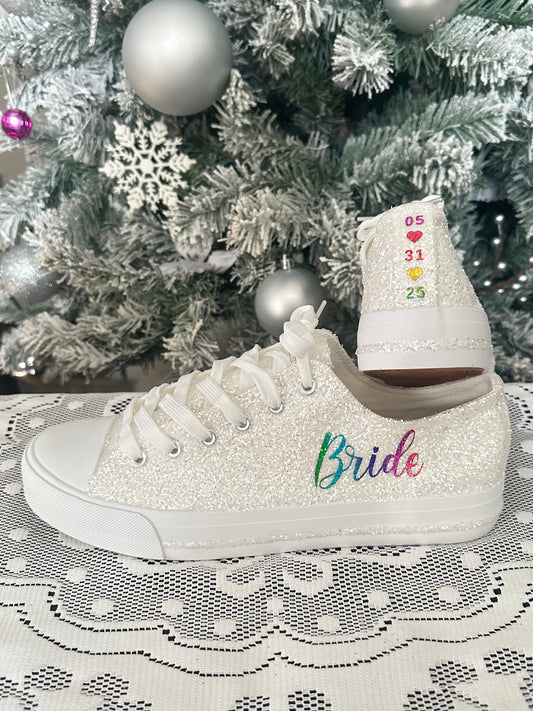 Personalized Rainbow & White Glitter Bride Sneakers