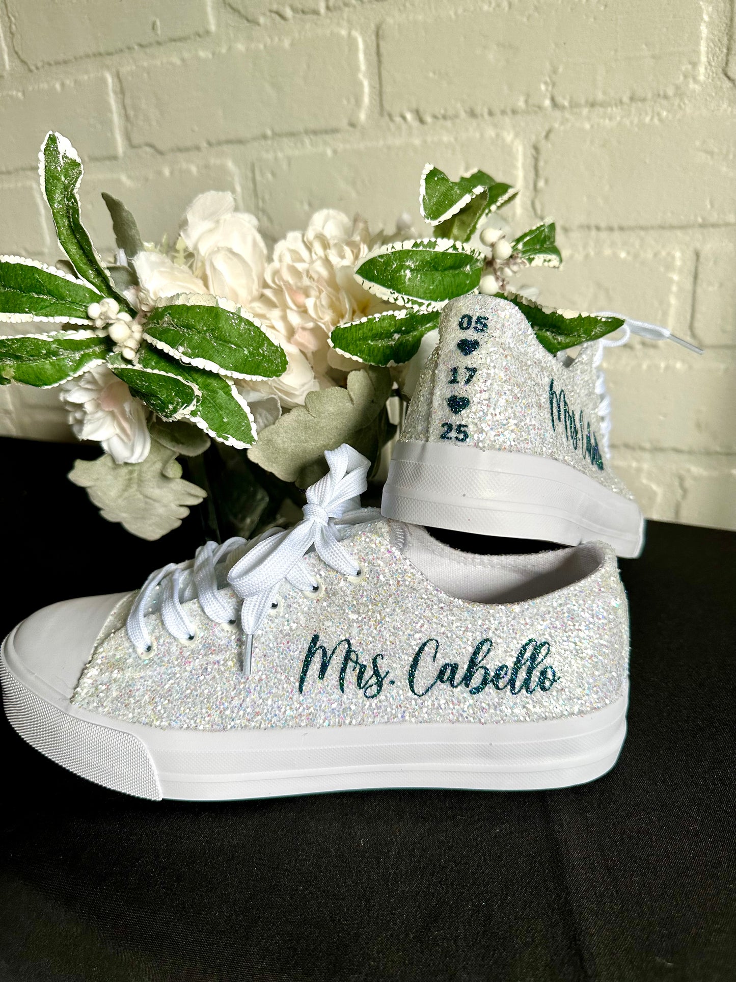 Teal Blue Personalized White Glitter Sneakers