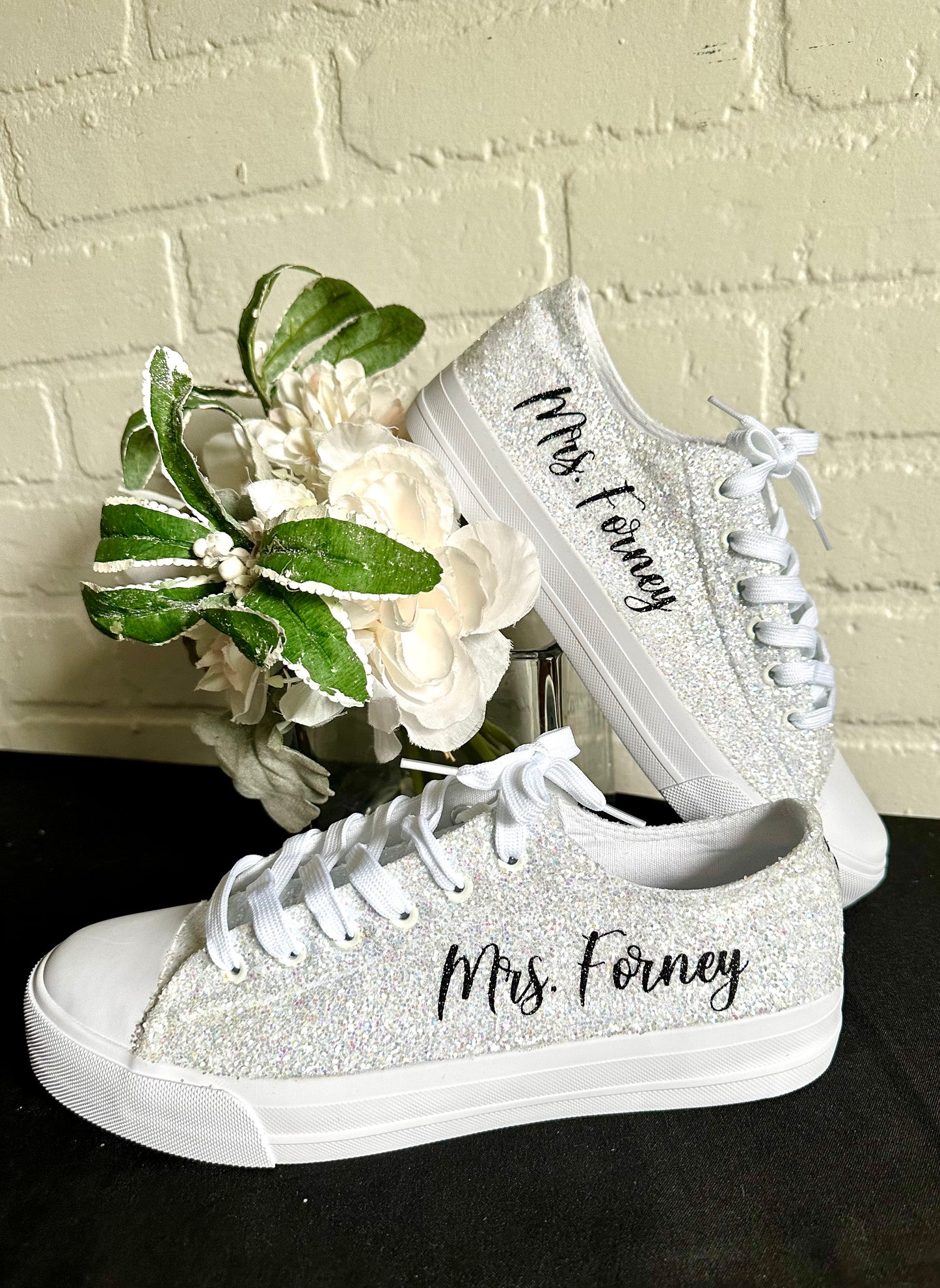 Personalized White Glitter Bride Sneakers with Black Writing