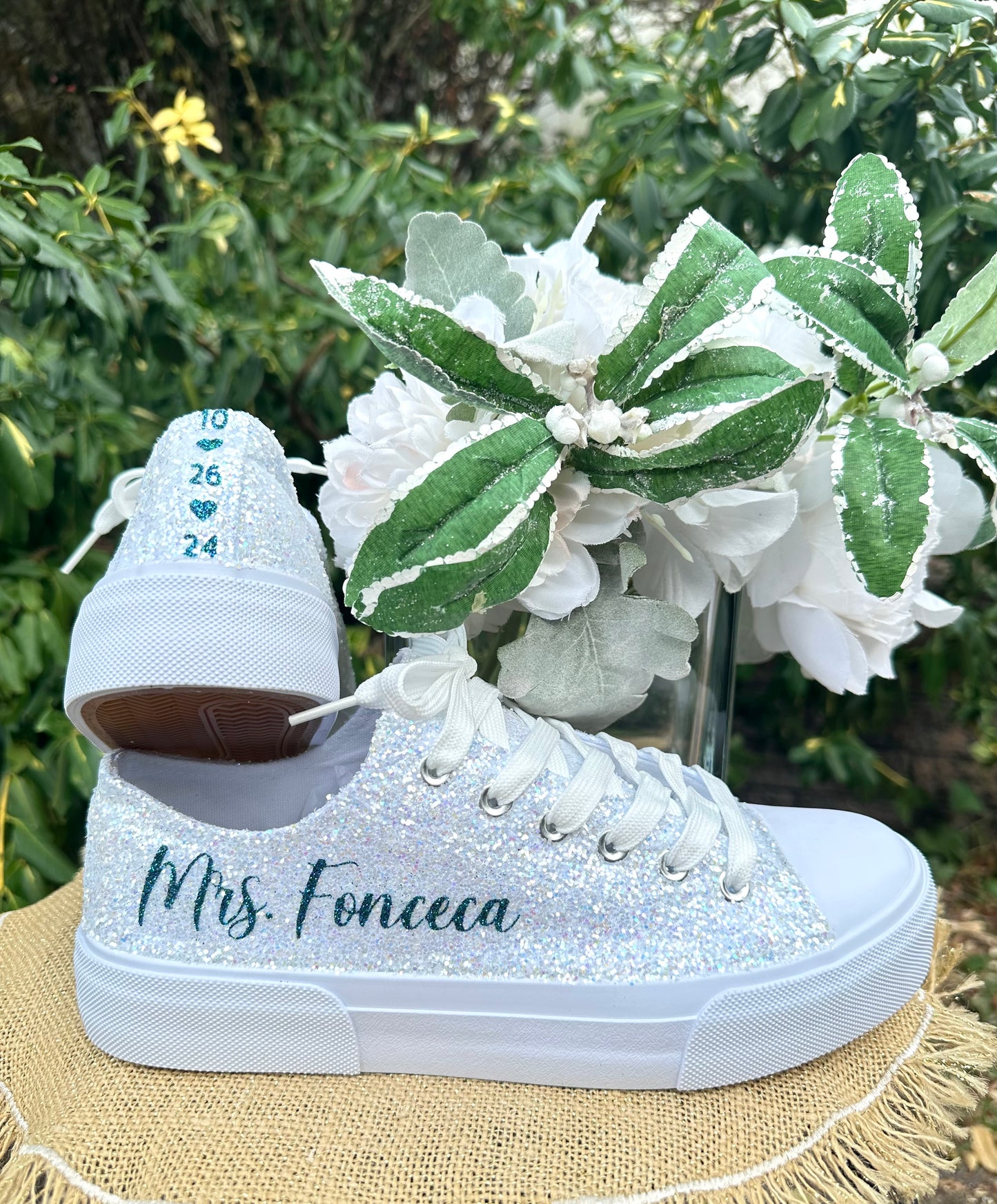 Teal Blue Personalized White Glitter Sneakers