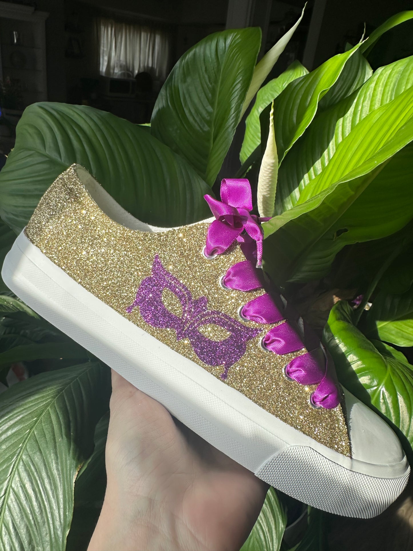 Mardi Gras Gold Masquerade Glitter Sneakers with Purple Ribbon Laces