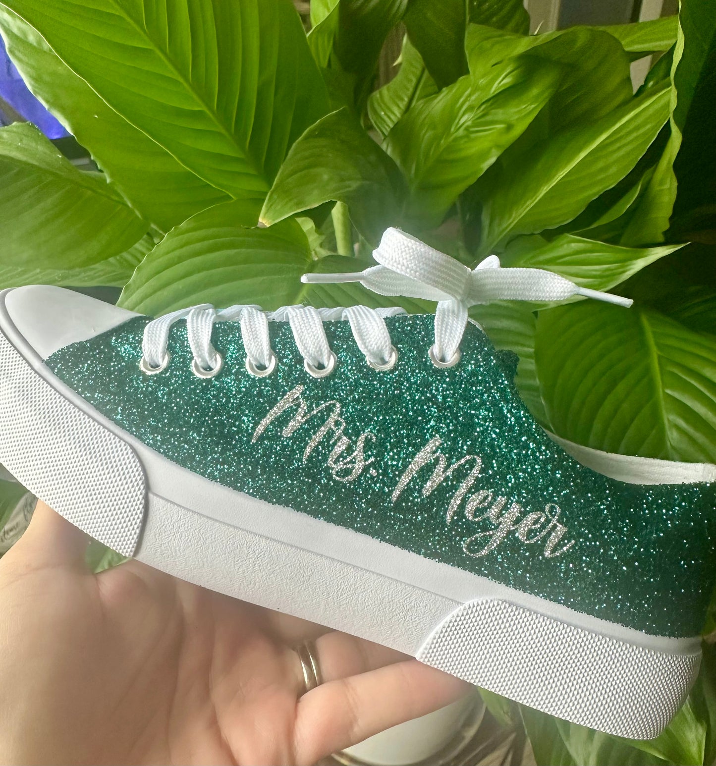 Hunter Green Glitter Wedding Sneakers with Silver Glitter Personalization