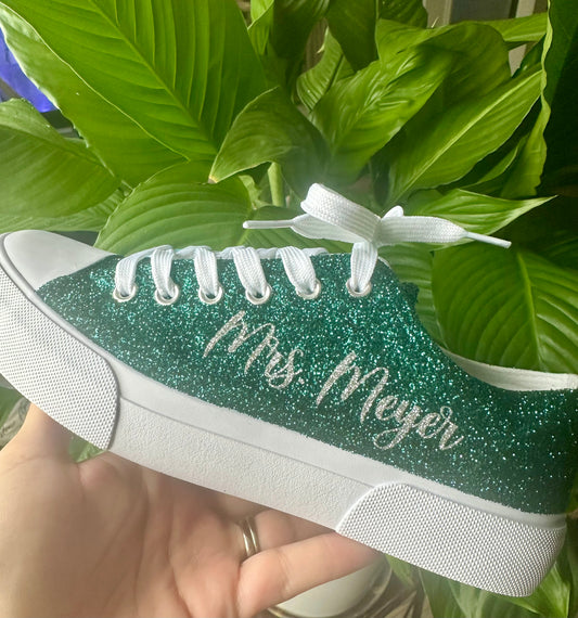 Hunter Green Glitter Wedding Sneakers with Silver Glitter Personalization