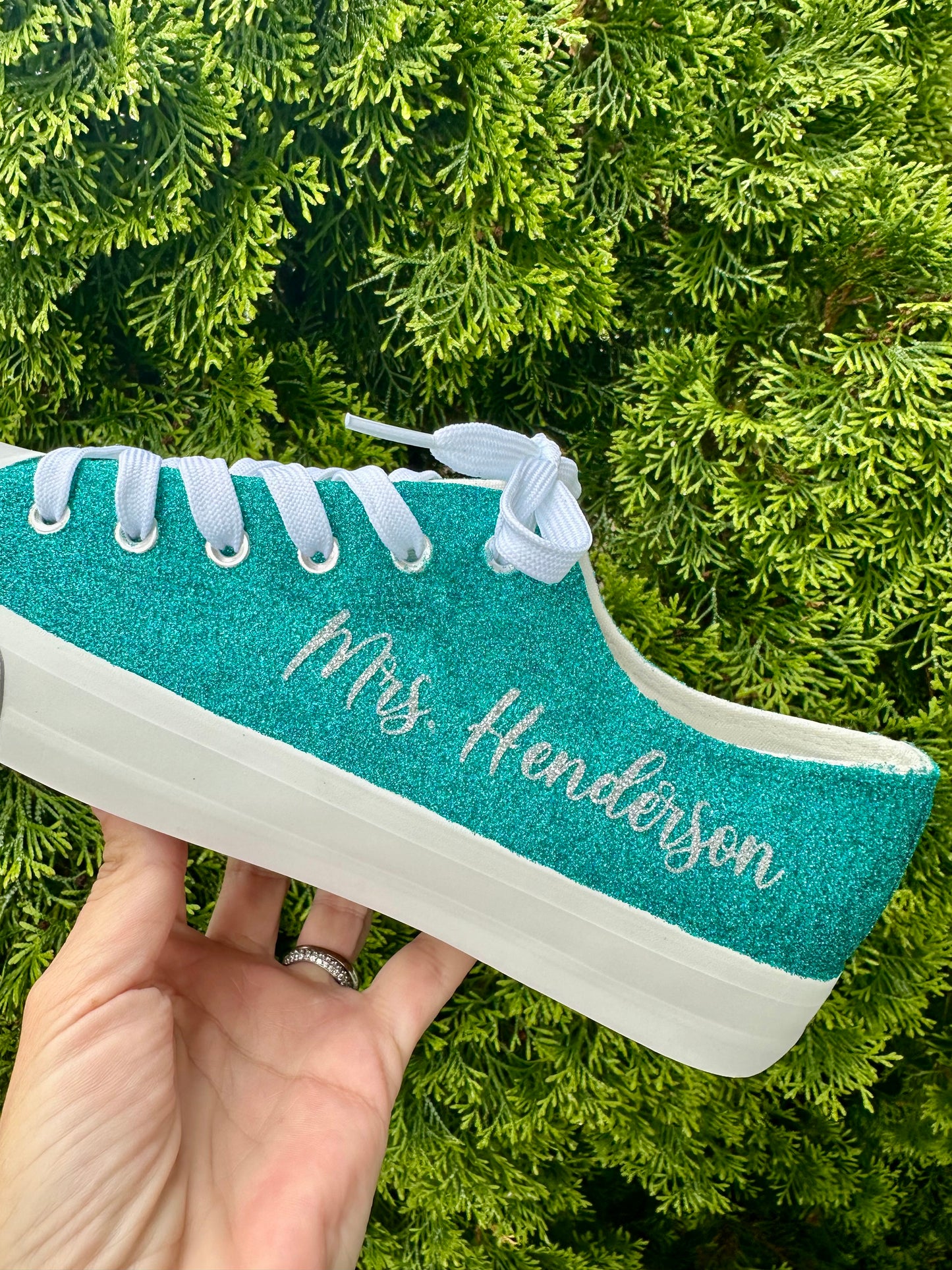 Personalized Teal Aqua Blue Green Glitter Sneakers with Silver Personalization