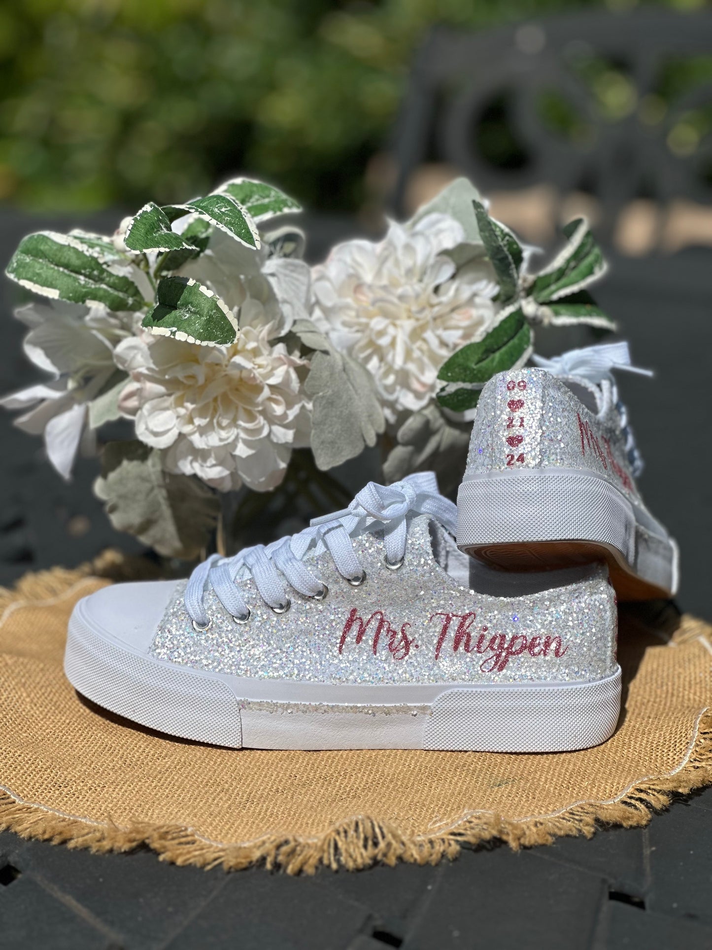 Personalized White and Rose Gold Glitter Bride Sneakers