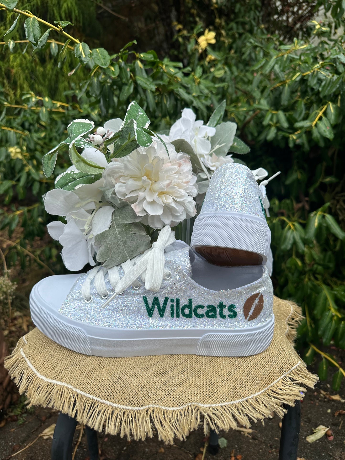 Personalized White Glitter Bride Sneakers with Emerald Green Writing