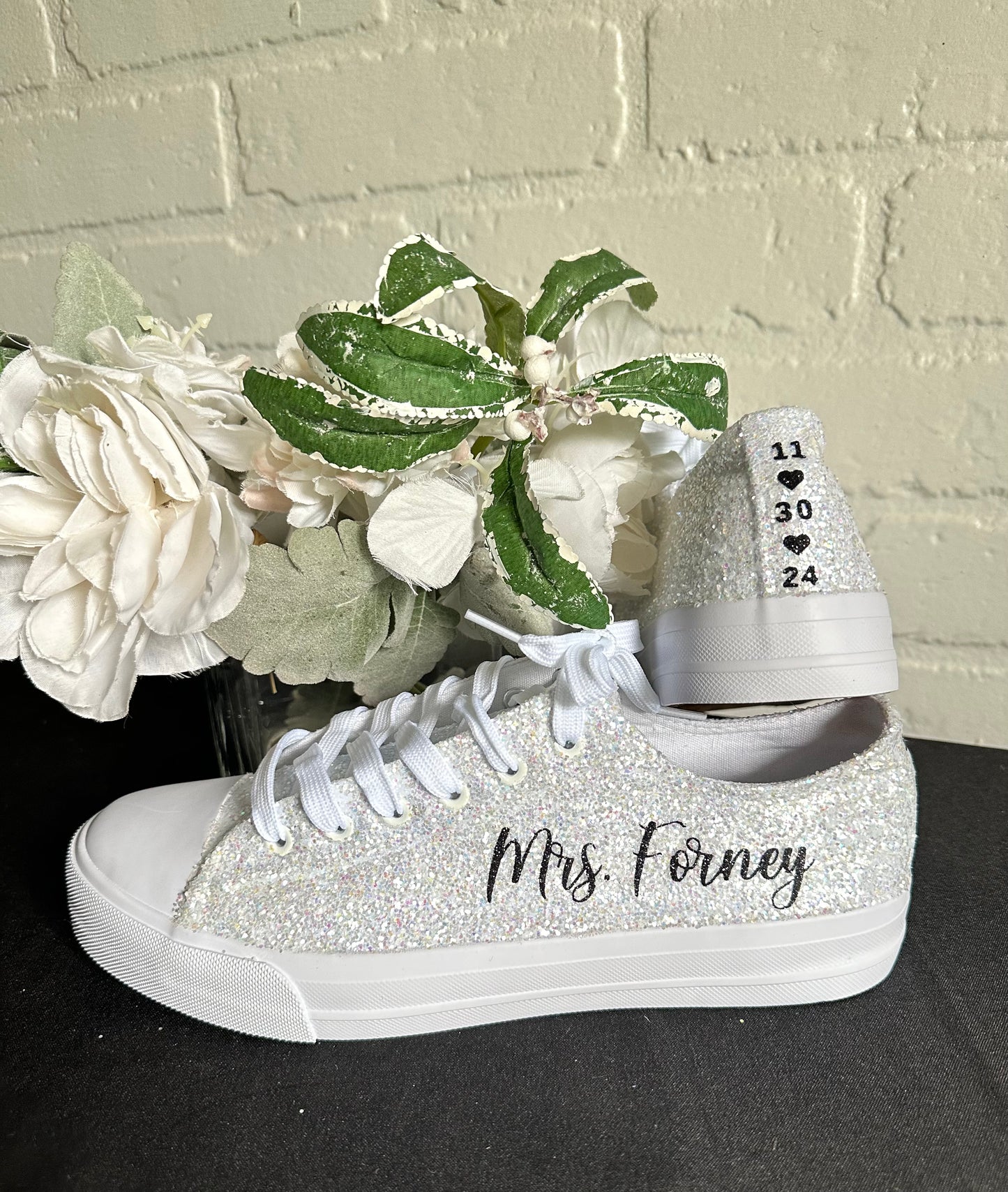 Personalized White Glitter Bride Sneakers with Black Writing