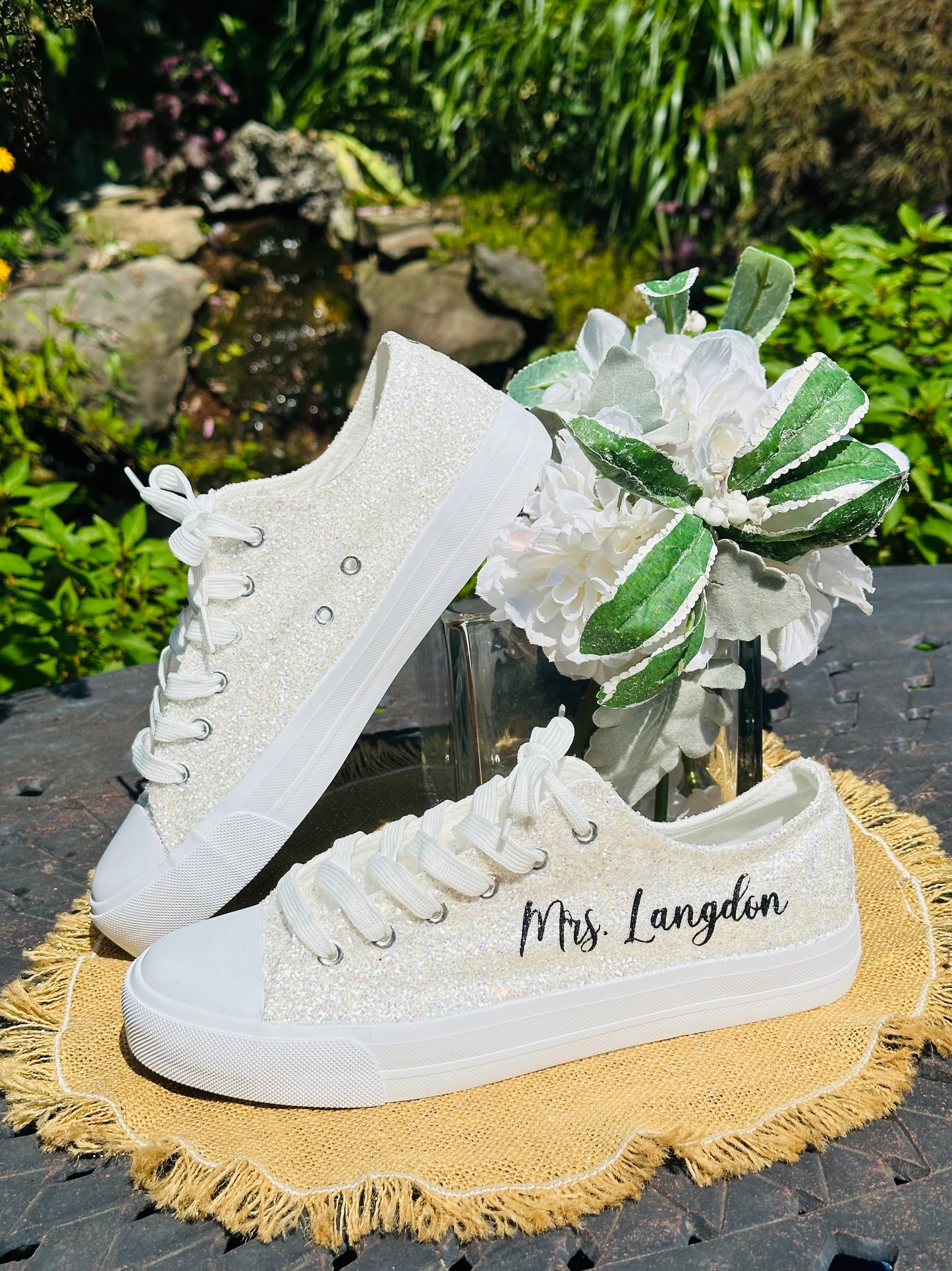 Personalized White Glitter Bride Sneakers with Black Writing