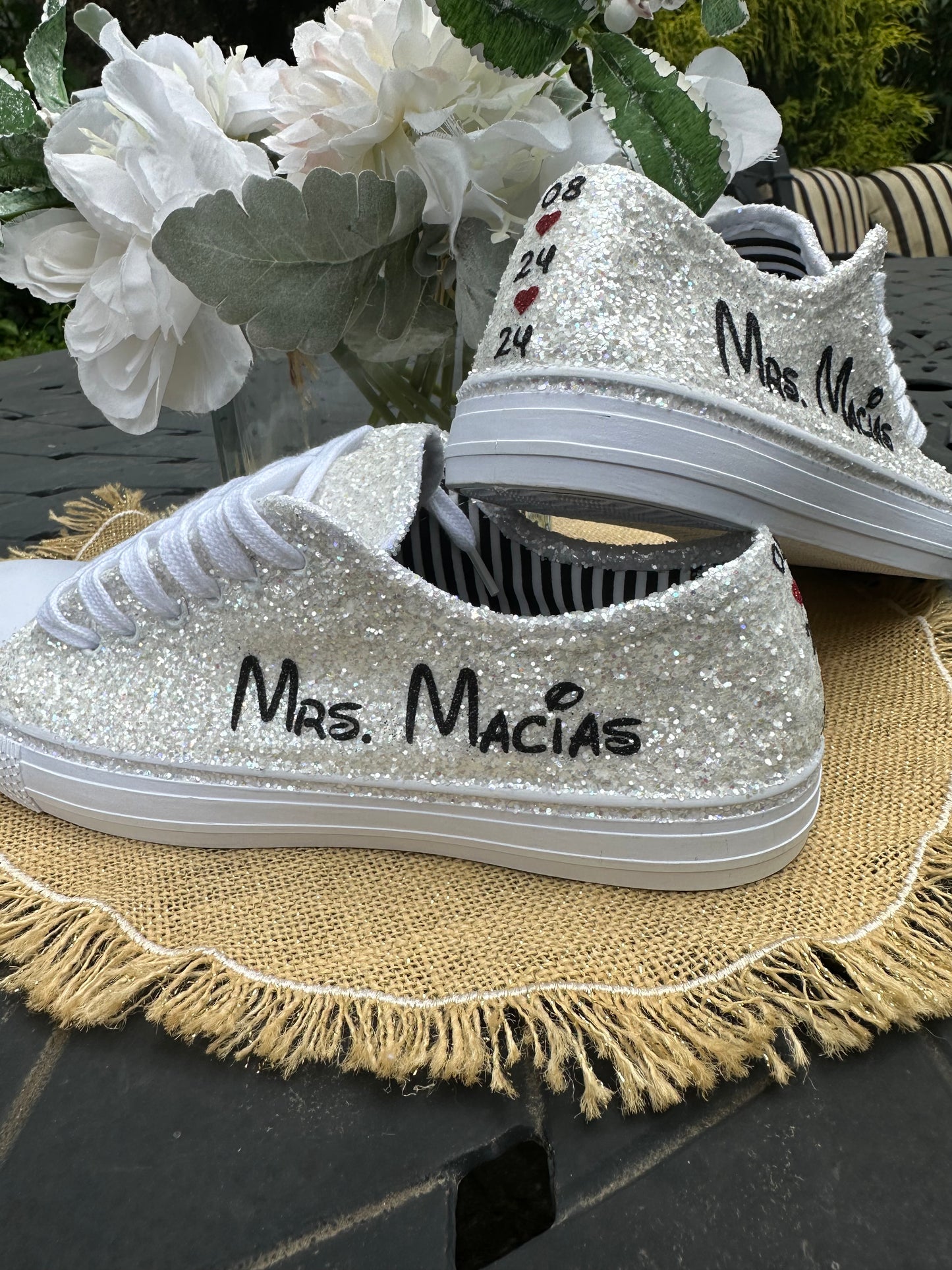 Personalized White Glitter Bride Sneakers with Black Mouse Inspired Writing