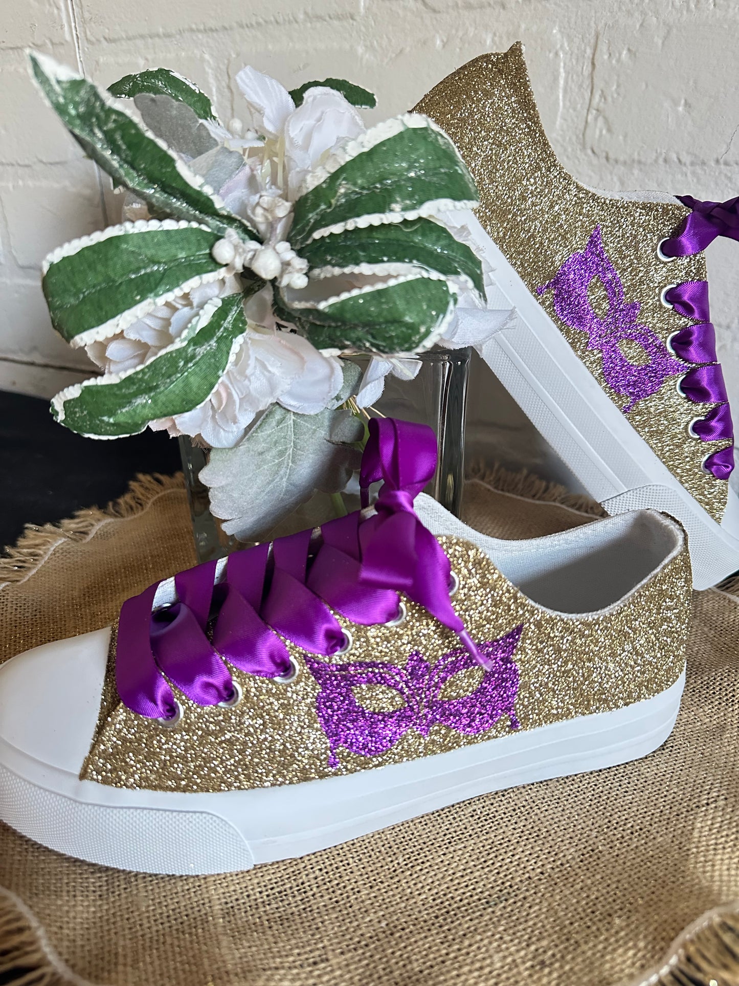 Mardi Gras Gold Masquerade Glitter Sneakers with Purple Ribbon Laces