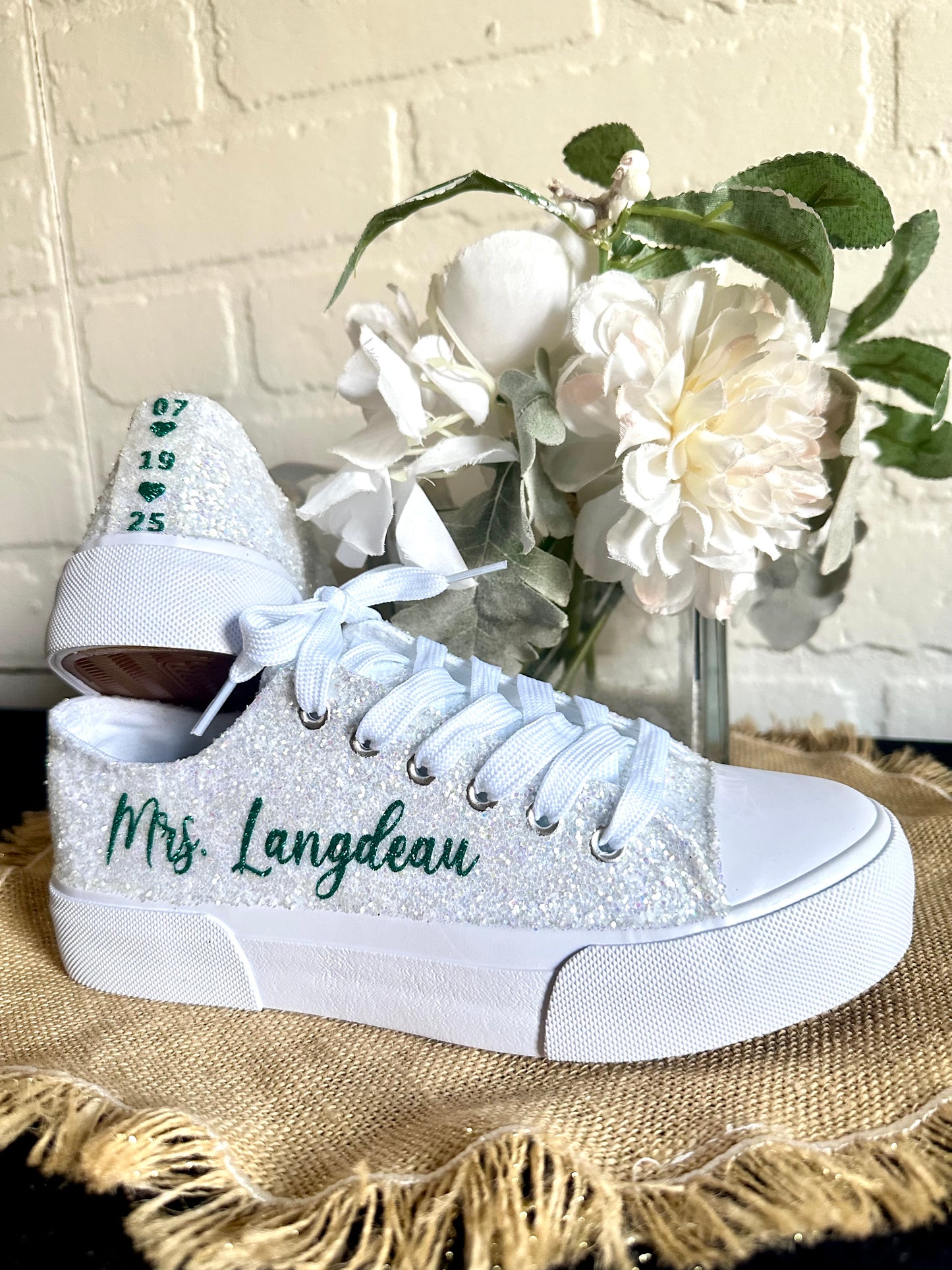 Personalized White Glitter Bride Sneakers with Emerald Green Writing