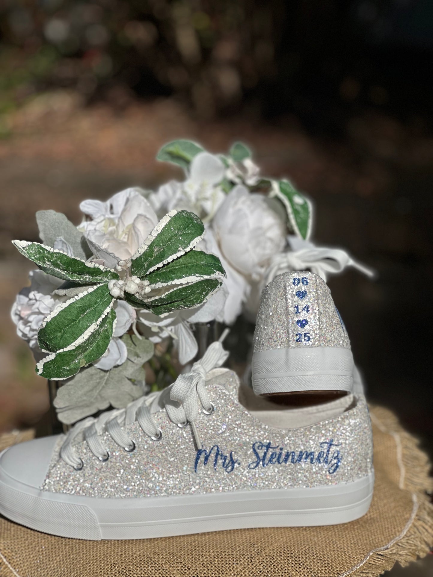 White Glitter Bride Sneakers with Blue Personalized Writing