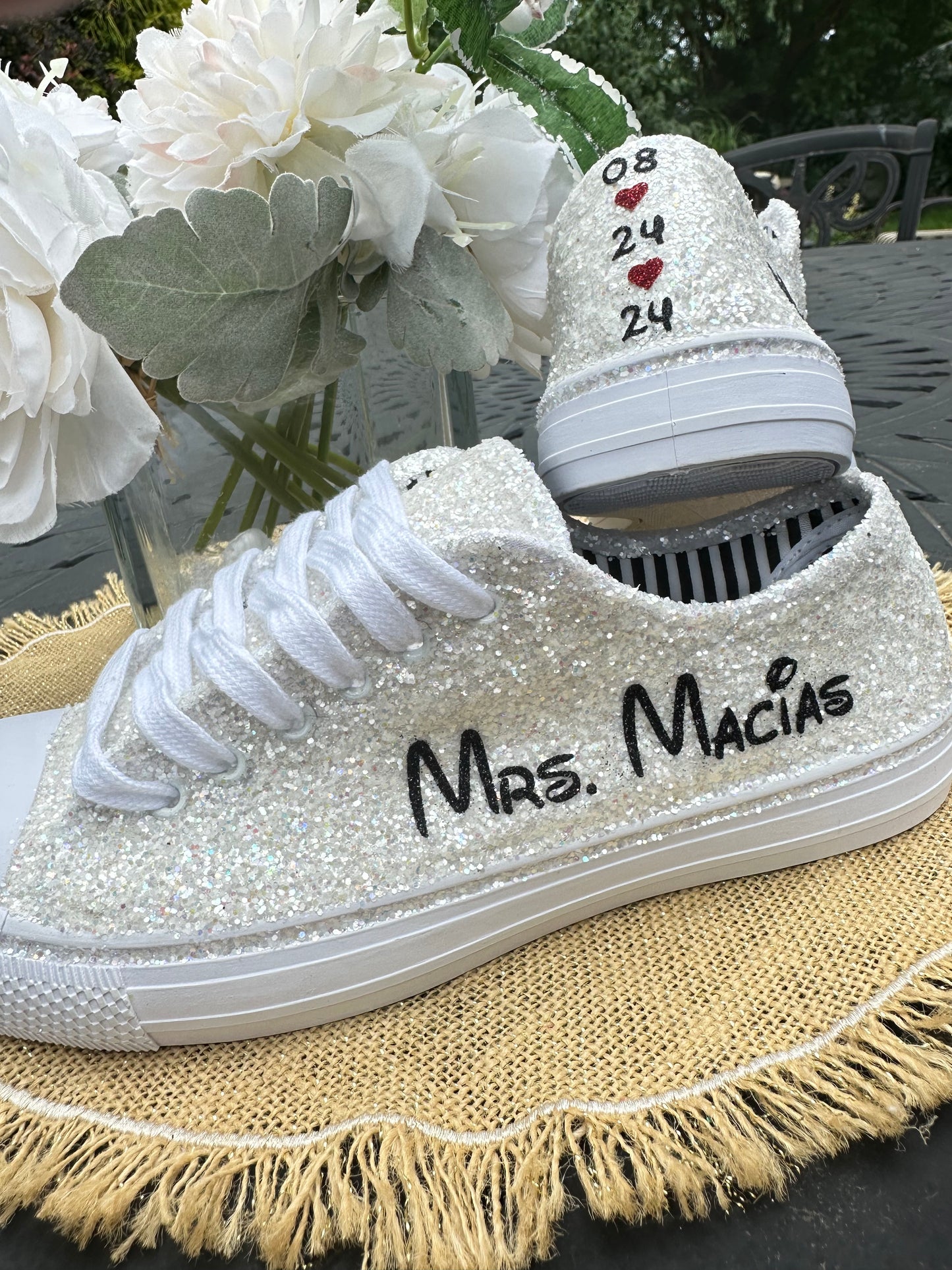 Personalized White Glitter Bride Sneakers with Black Mouse Inspired Writing