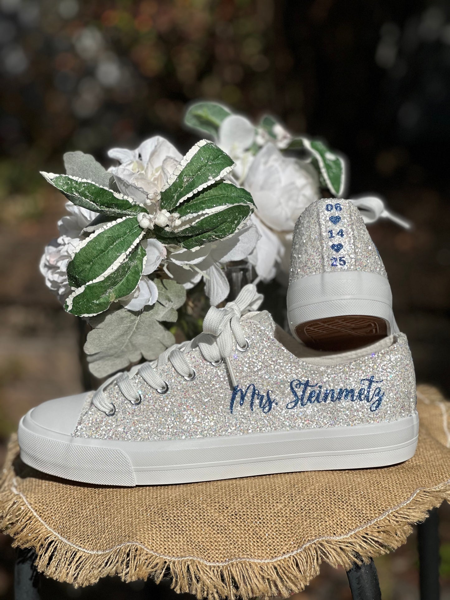 White Glitter Bride Sneakers with Blue Personalized Writing