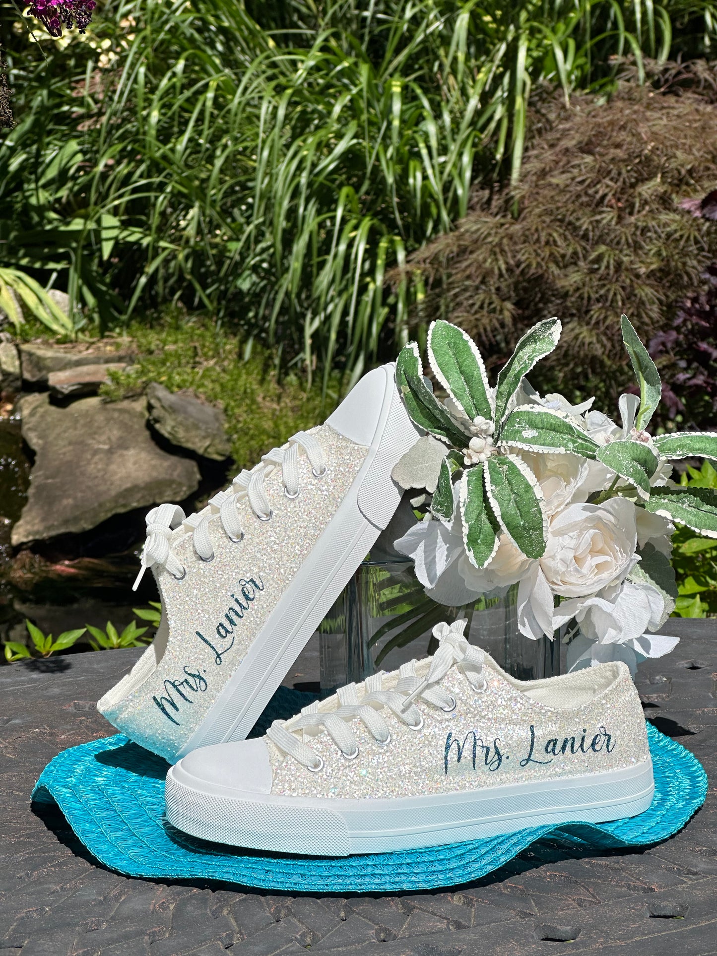 Teal Blue Personalized White Glitter Sneakers