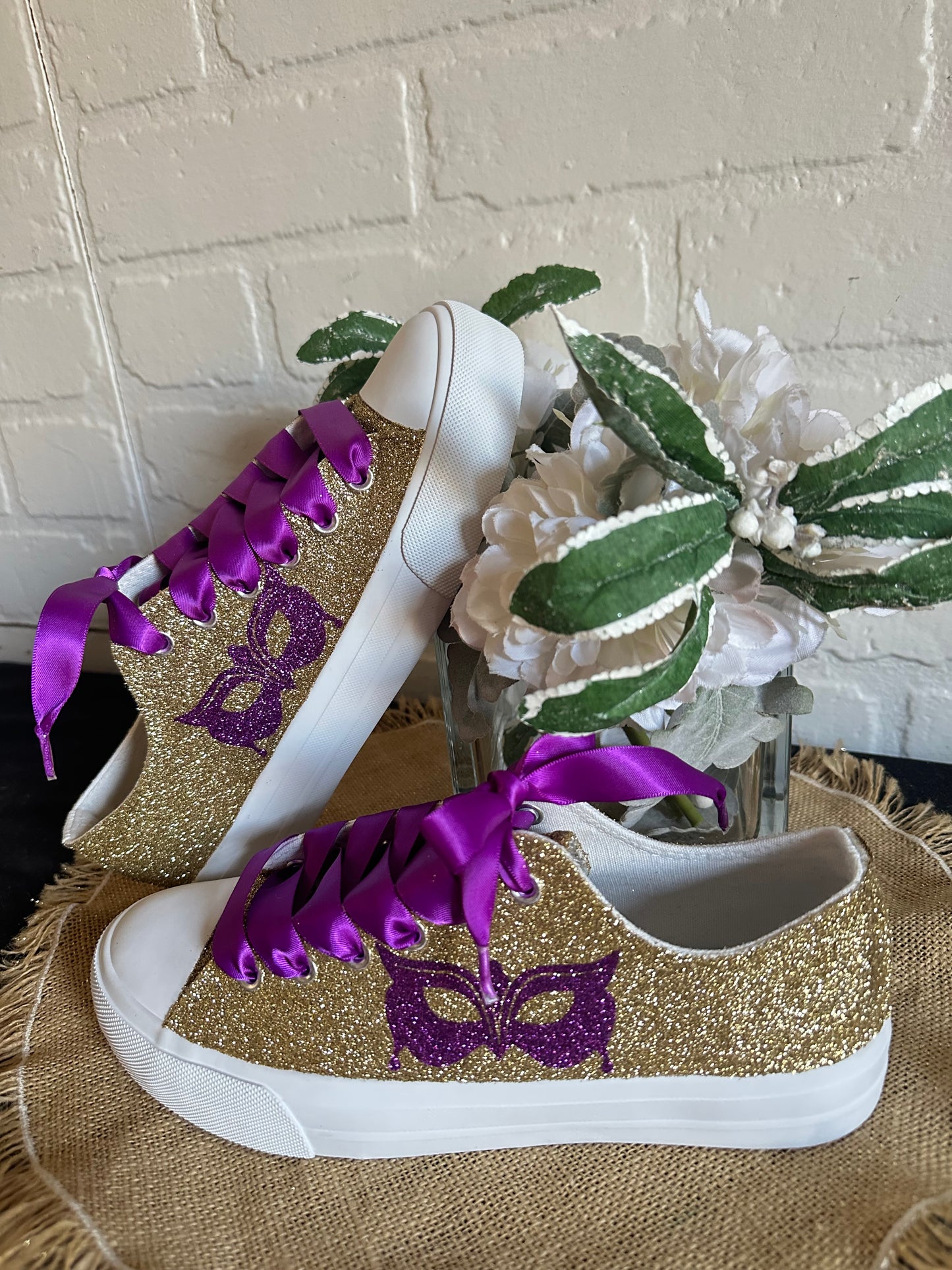 Mardi Gras Gold Masquerade Glitter Sneakers with Purple Ribbon Laces