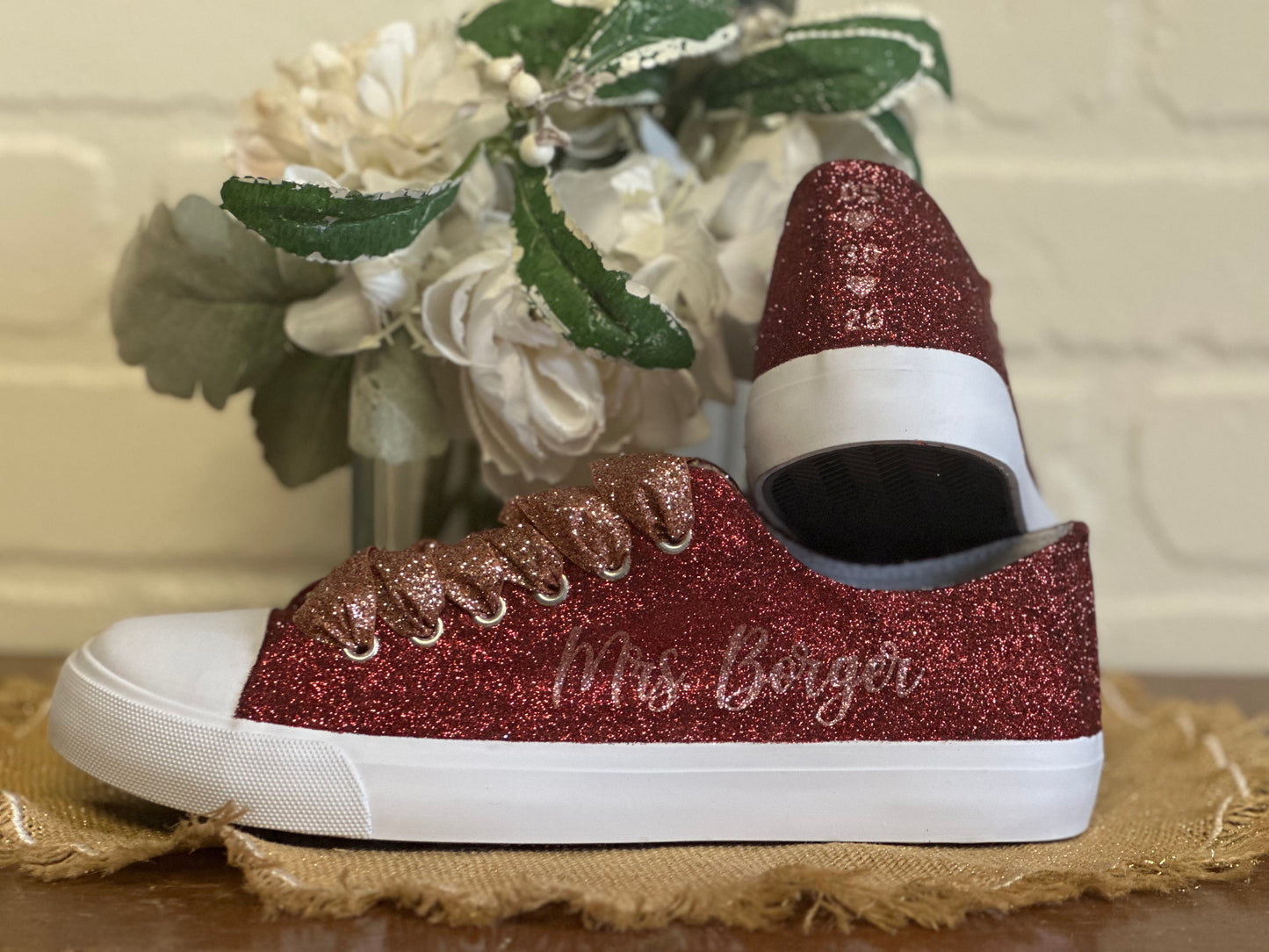 Burgundy Maroon Glitter Sneakers with Rose Gold Personalization