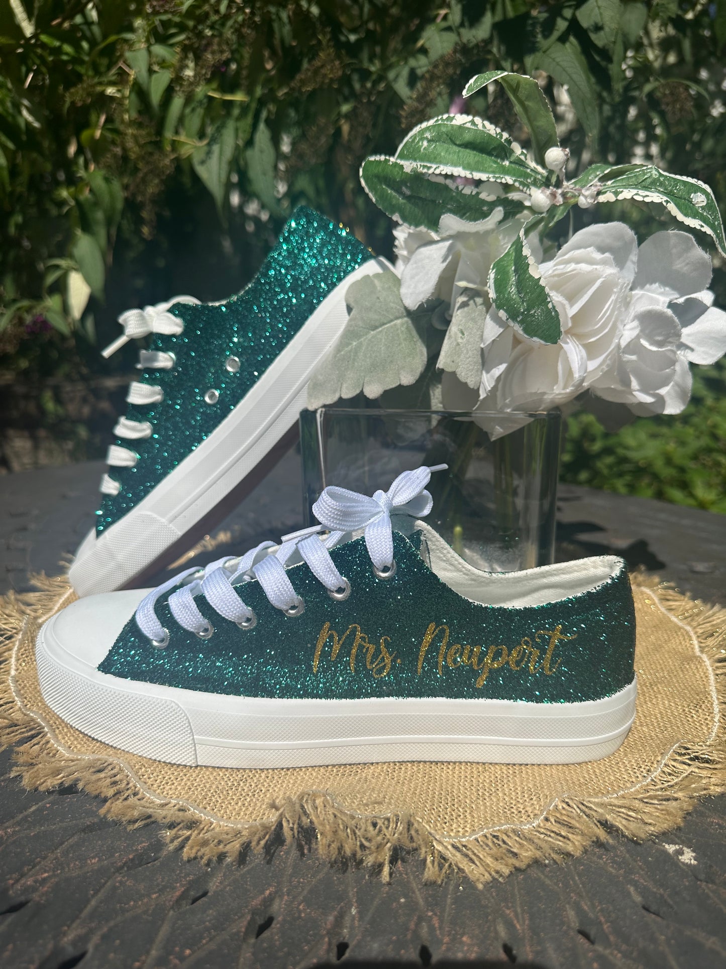 Hunter Green Glitter Wedding Sneakers with Gold Glitter Personalization