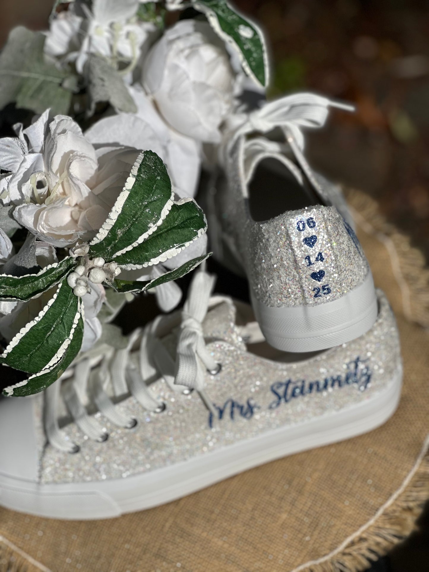 White Glitter Bride Sneakers with Blue Personalized Writing