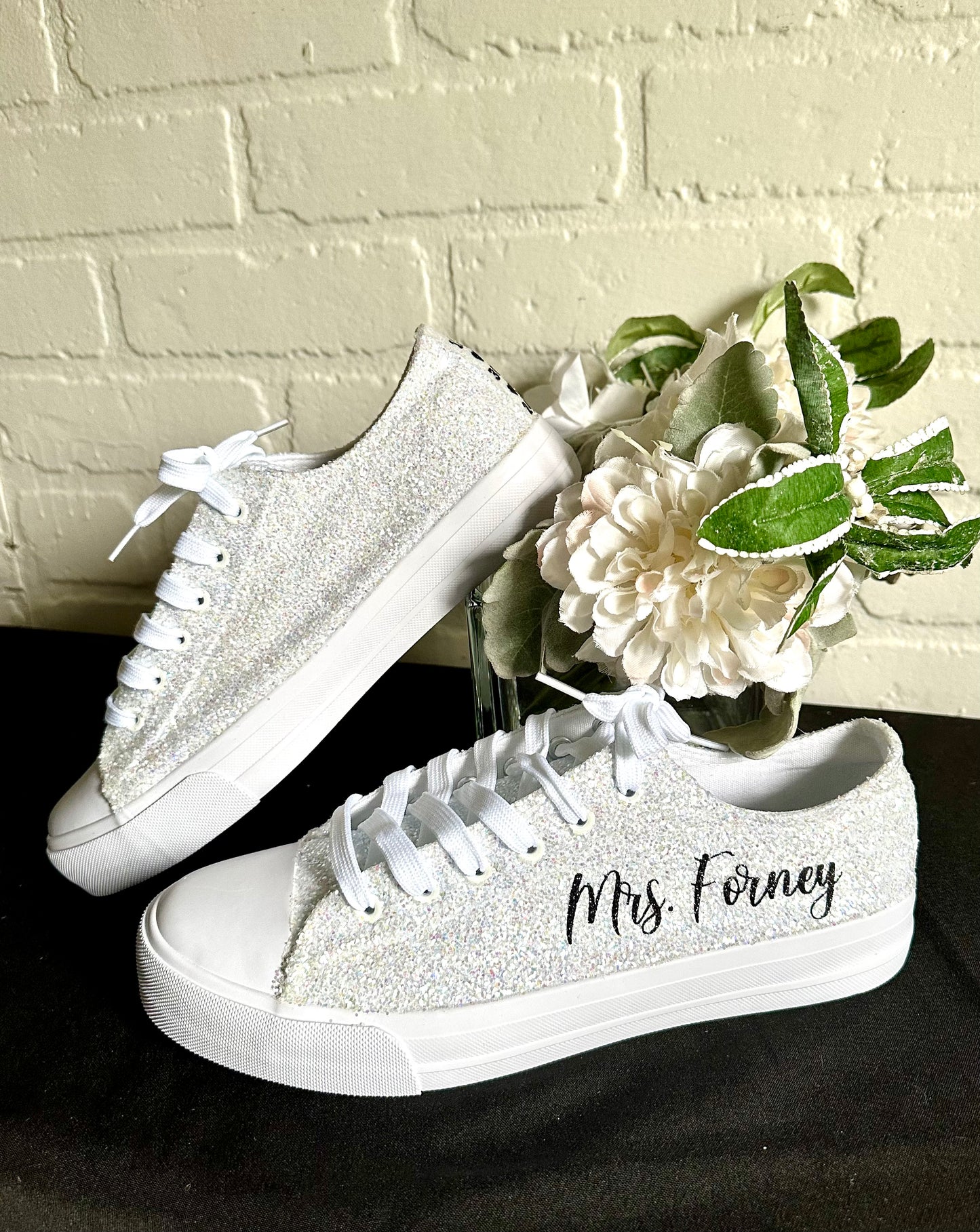 Personalized White Glitter Bride Sneakers with Black Writing