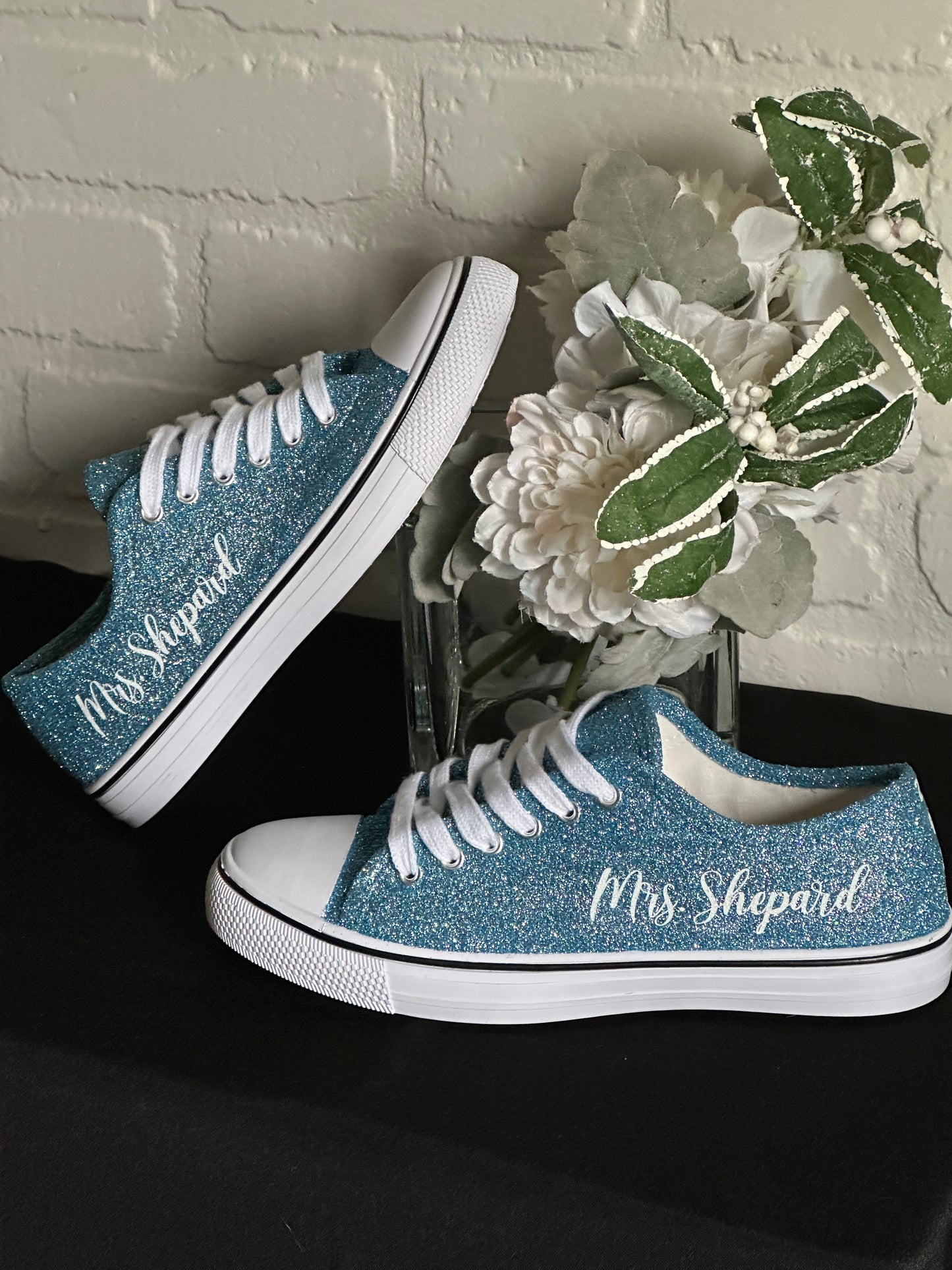 Personalized Light Blue Glitter Sneakers for Bride