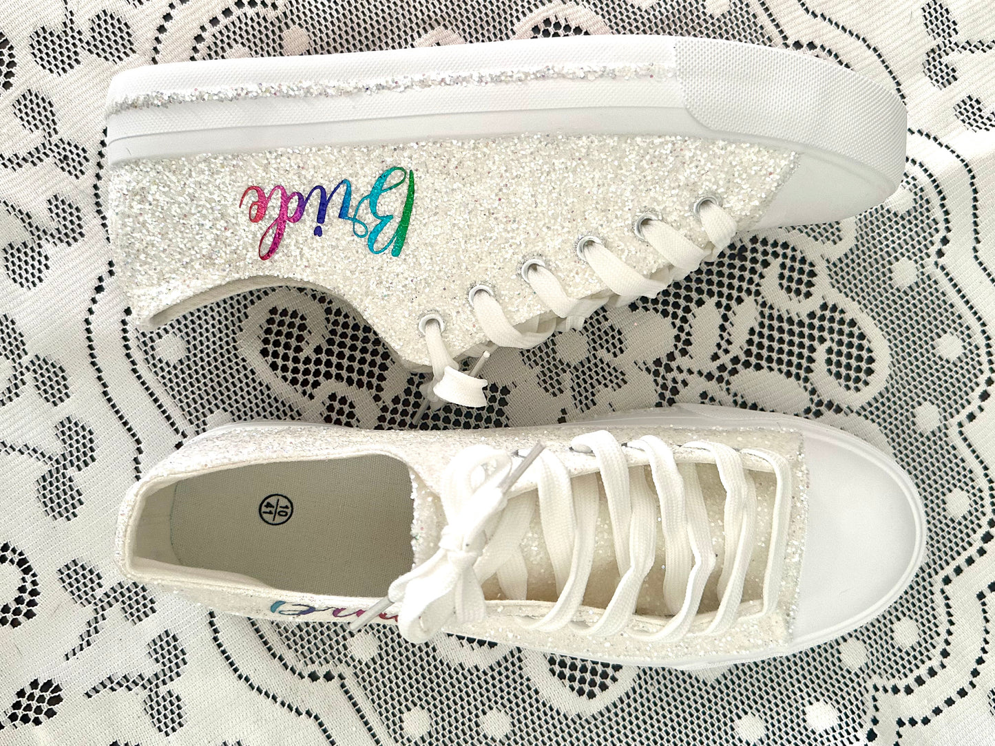 Personalized Rainbow & White Glitter Bride Sneakers