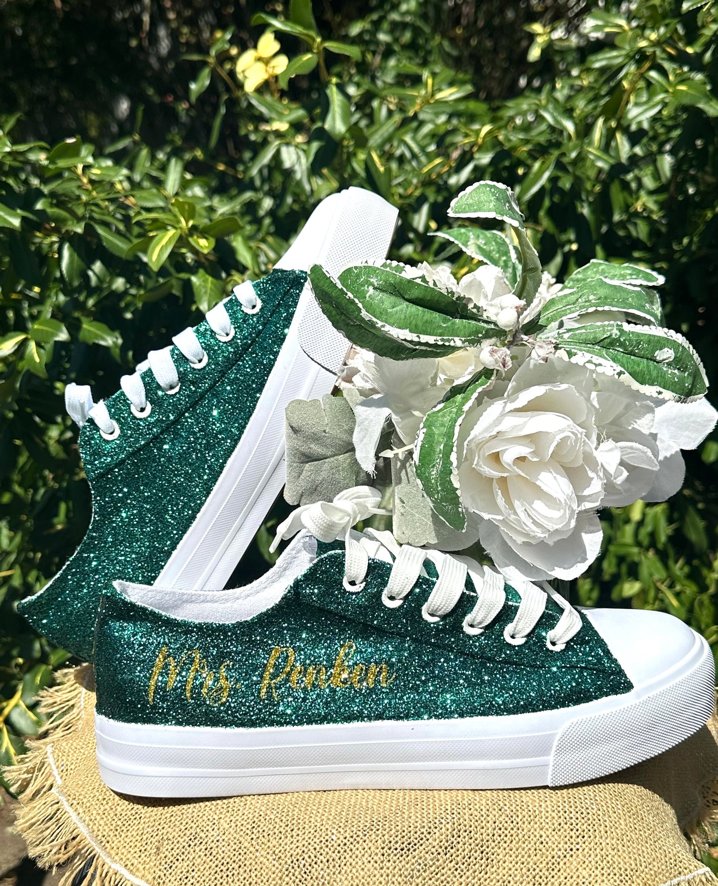 Hunter Green Glitter Wedding Sneakers with Gold Glitter Personalization