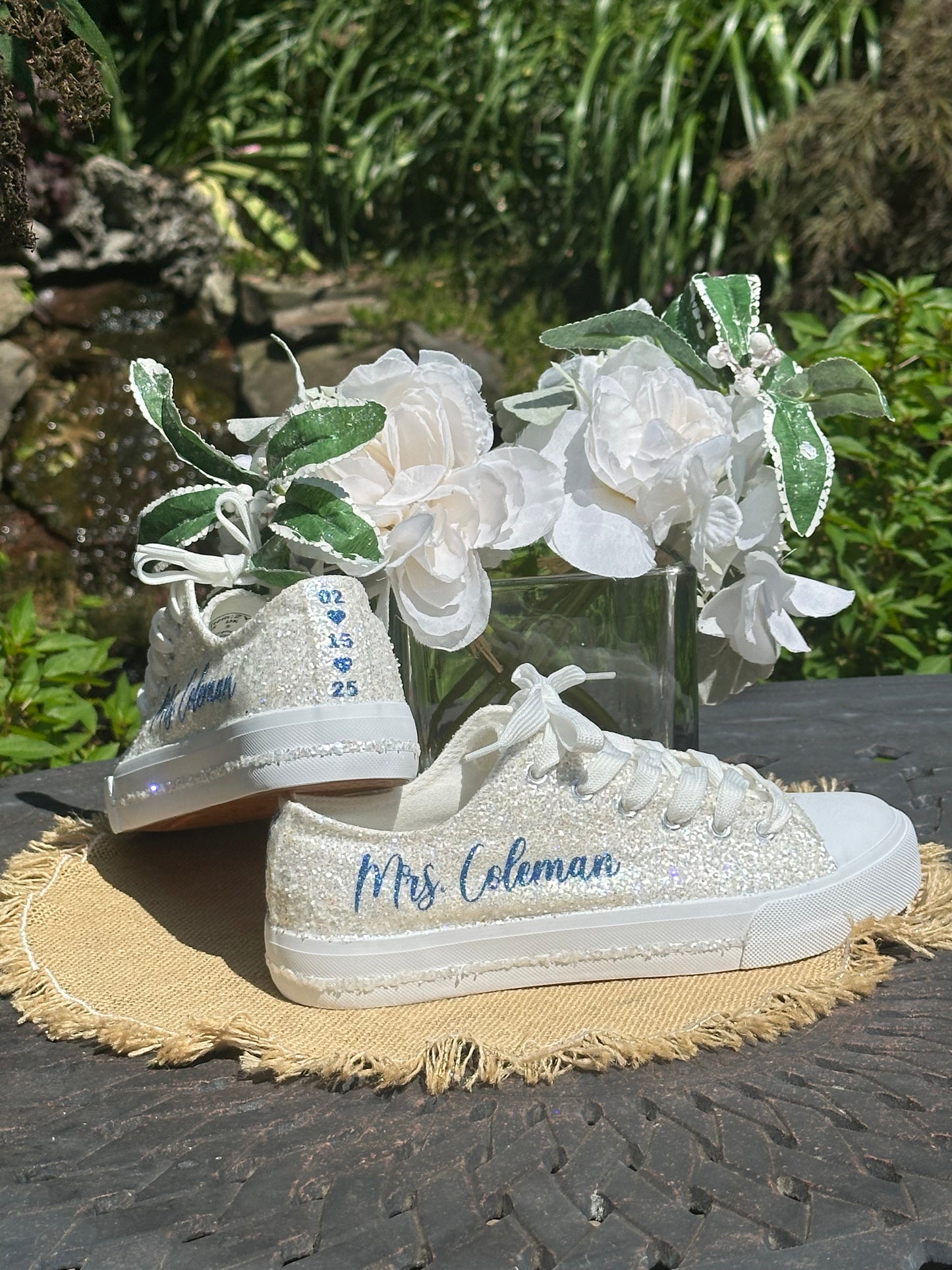 White Glitter Bride Sneakers with Blue Personalized Writing