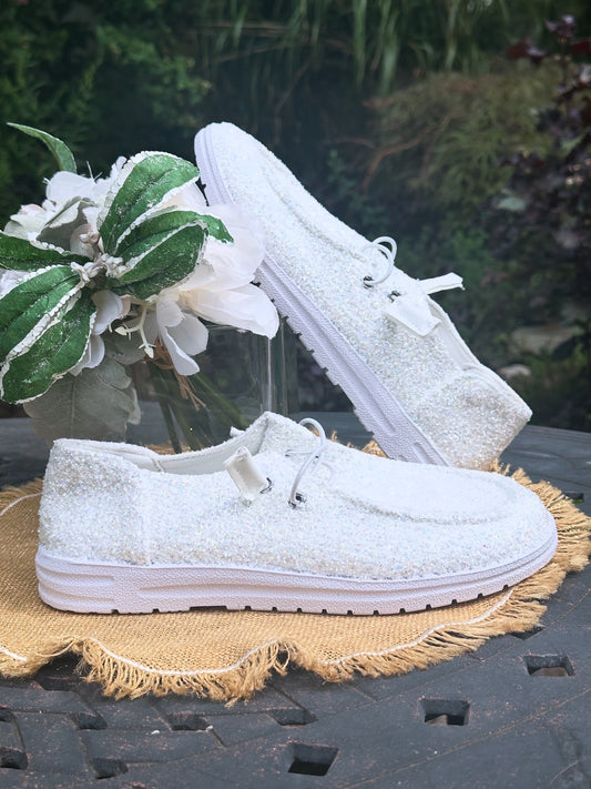 White Glitter Slip On Shoes