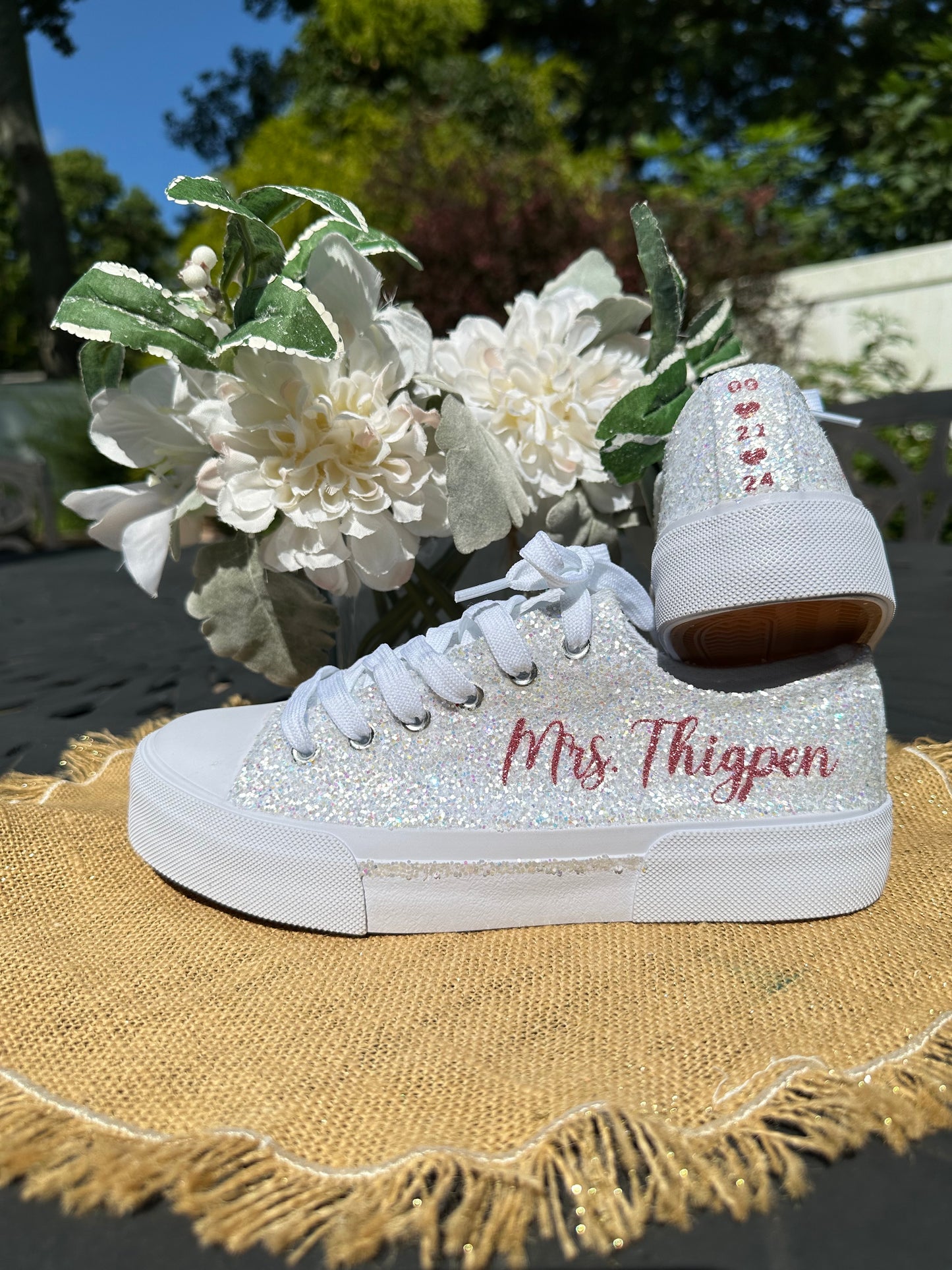 Personalized White and Rose Gold Glitter Bride Sneakers