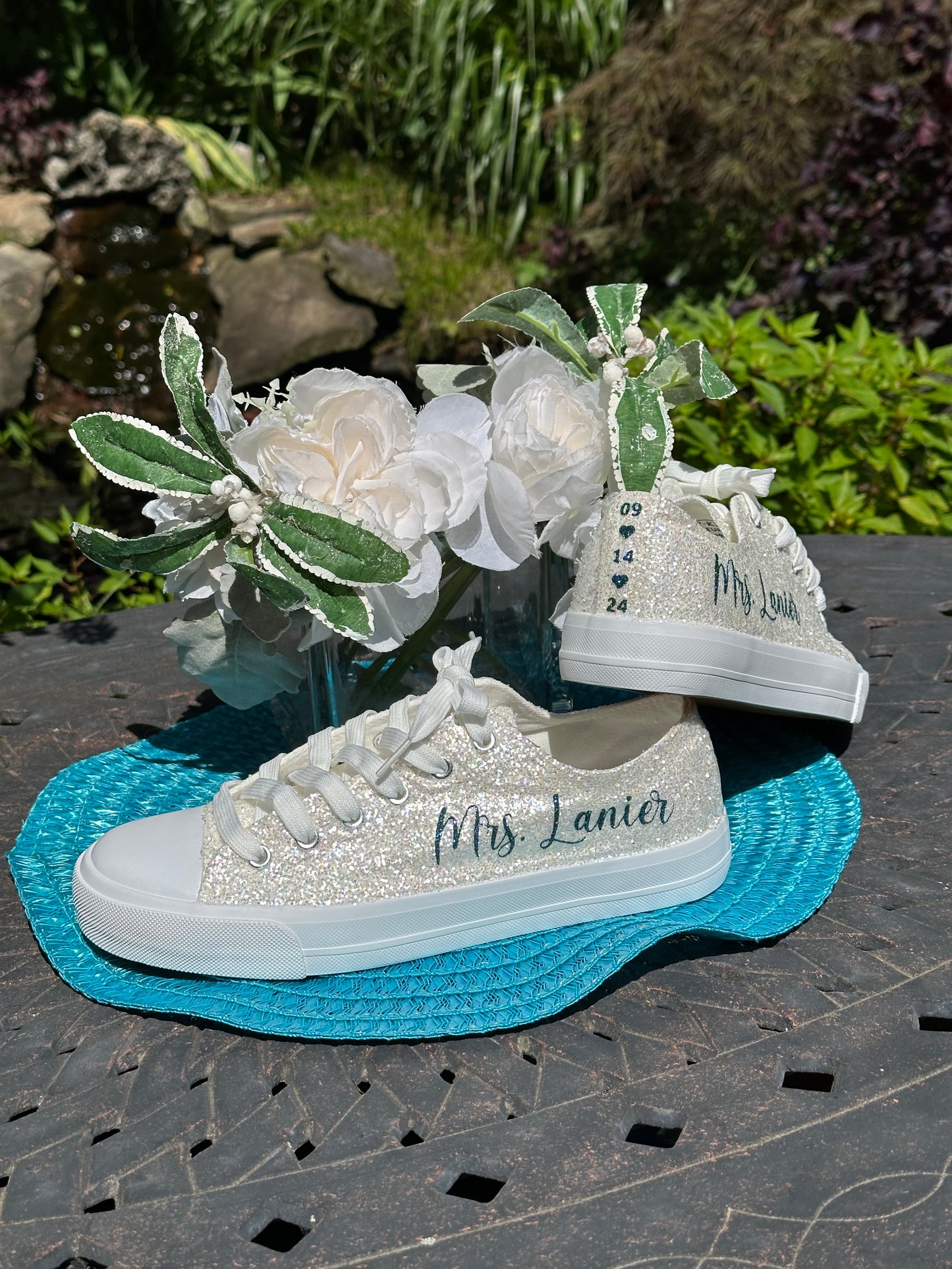 Teal Blue Personalized White Glitter Sneakers