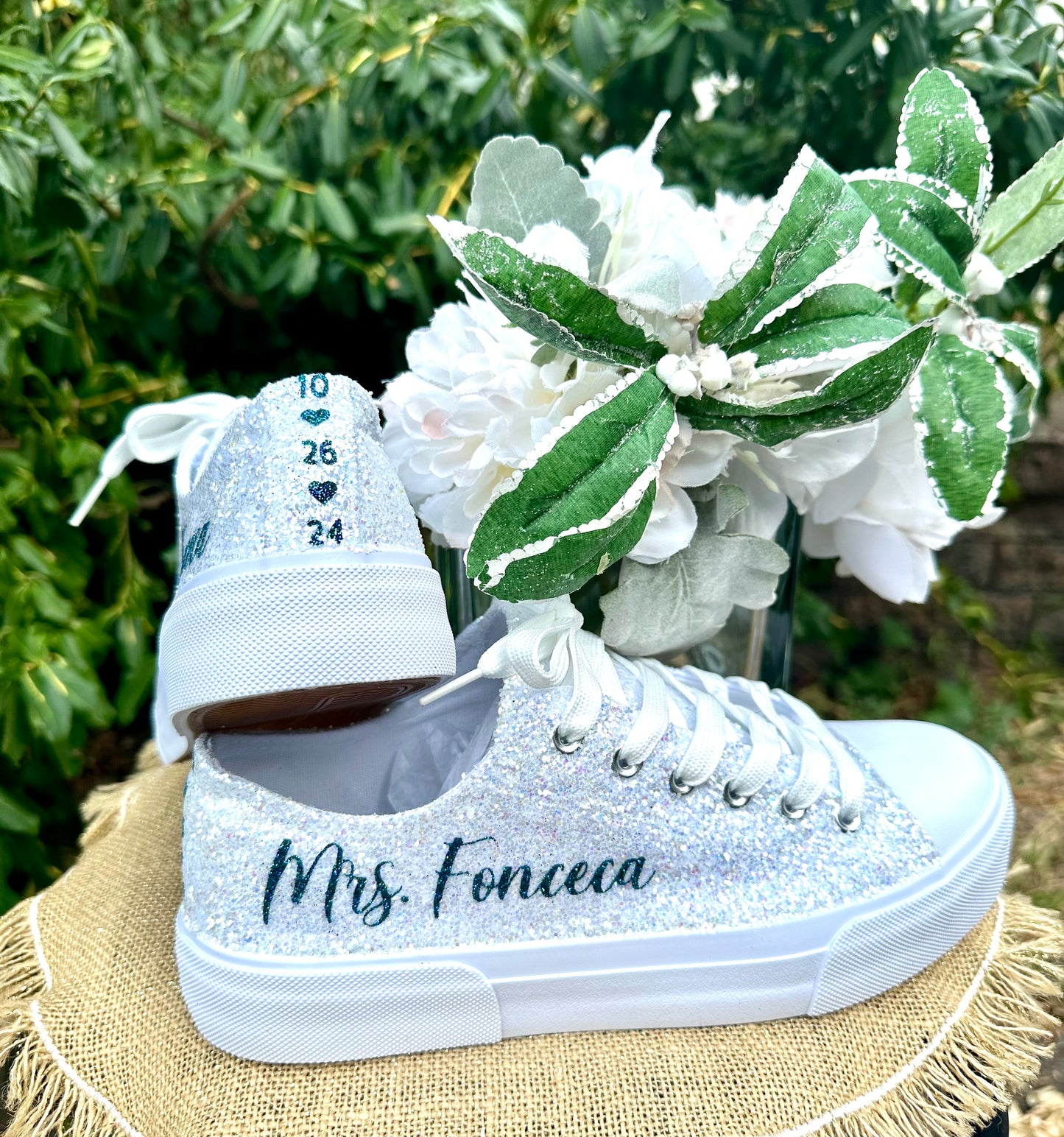 Teal Blue Personalized White Glitter Sneakers