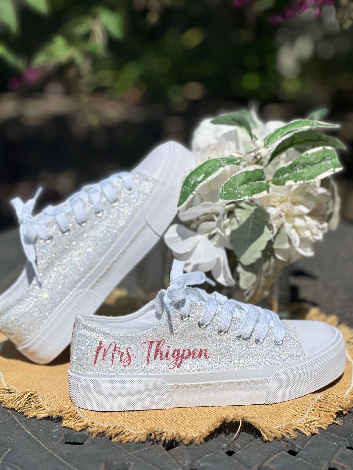 Personalized White and Rose Gold Glitter Bride Sneakers