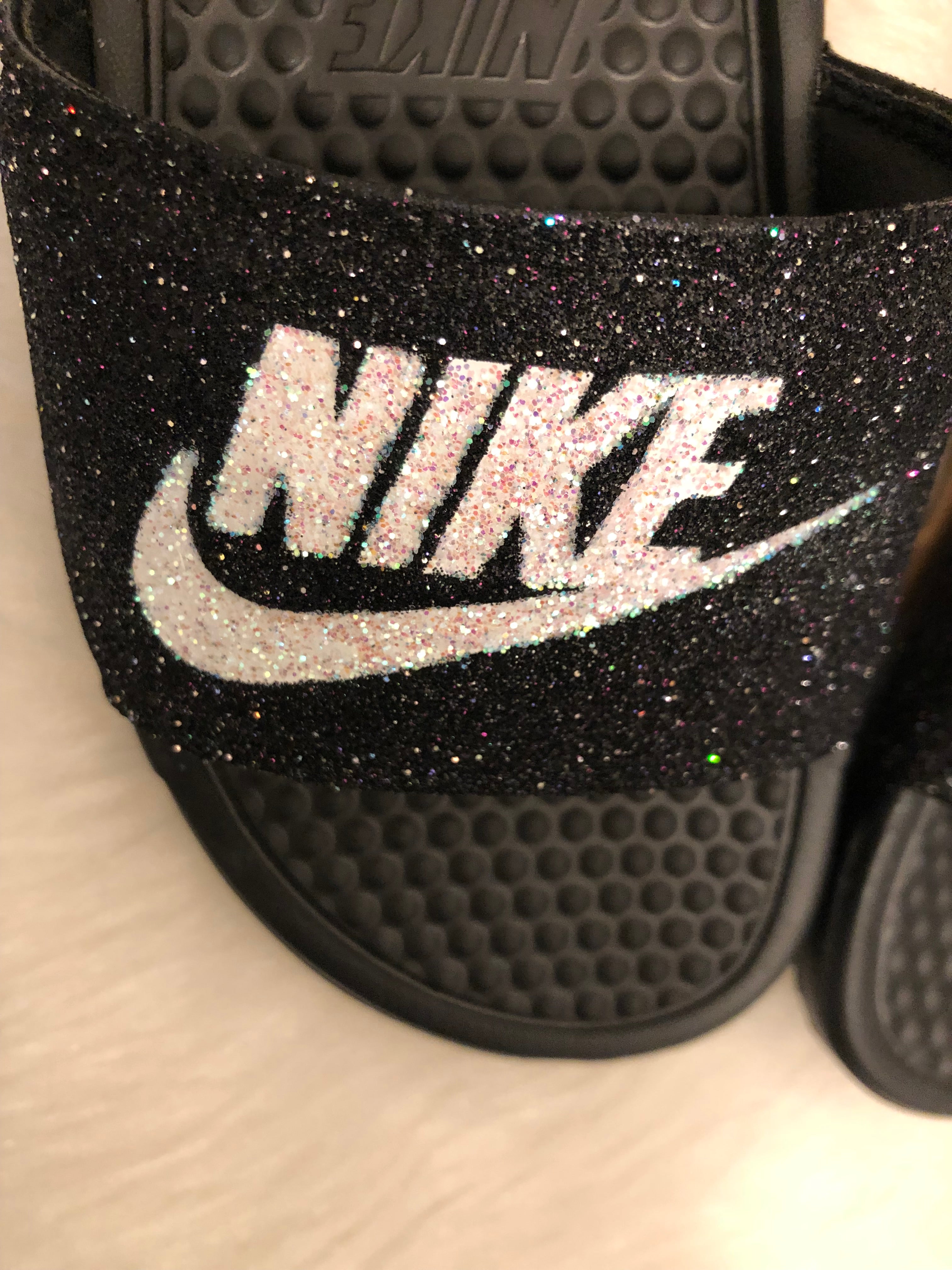 Black Glittered Custom Nike Slides Glitter It Glam Custom Sneakers