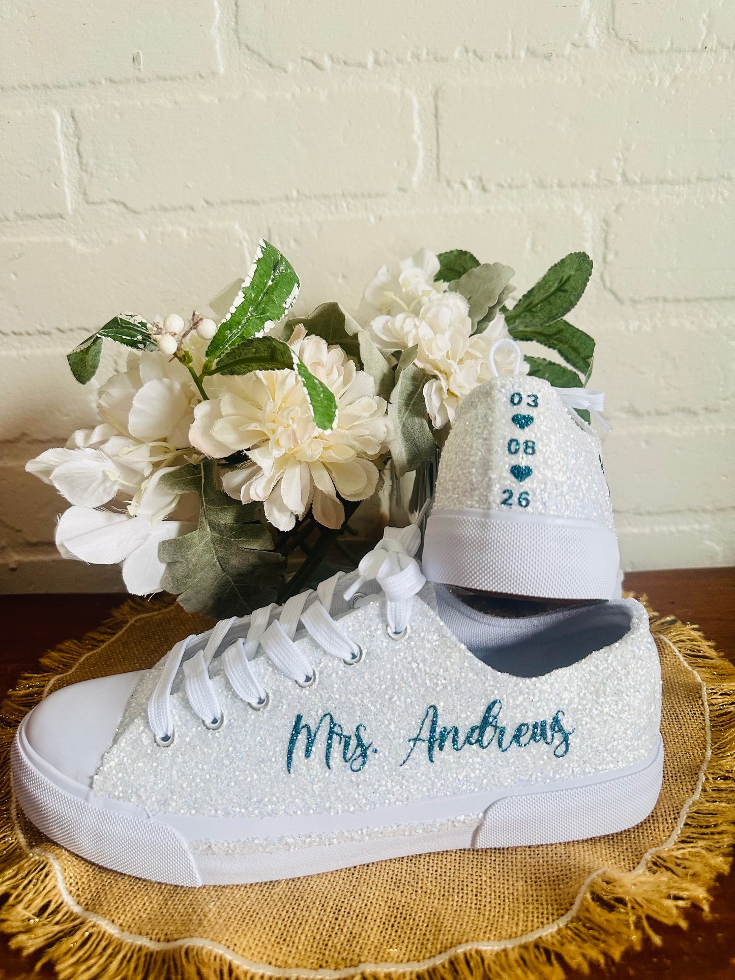 Teal Blue Personalized White Glitter Sneakers