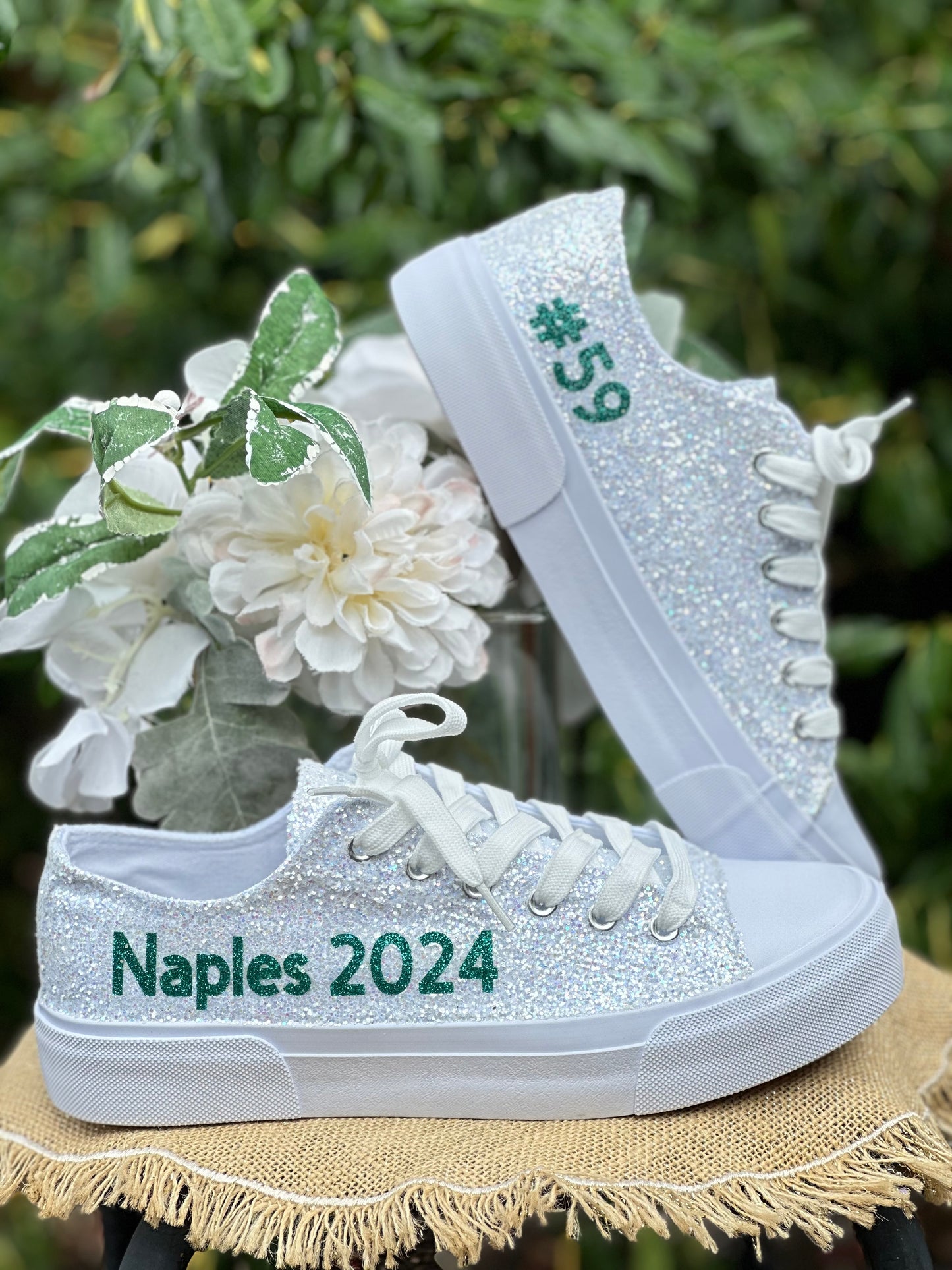 Personalized White Glitter Bride Sneakers with Emerald Green Writing