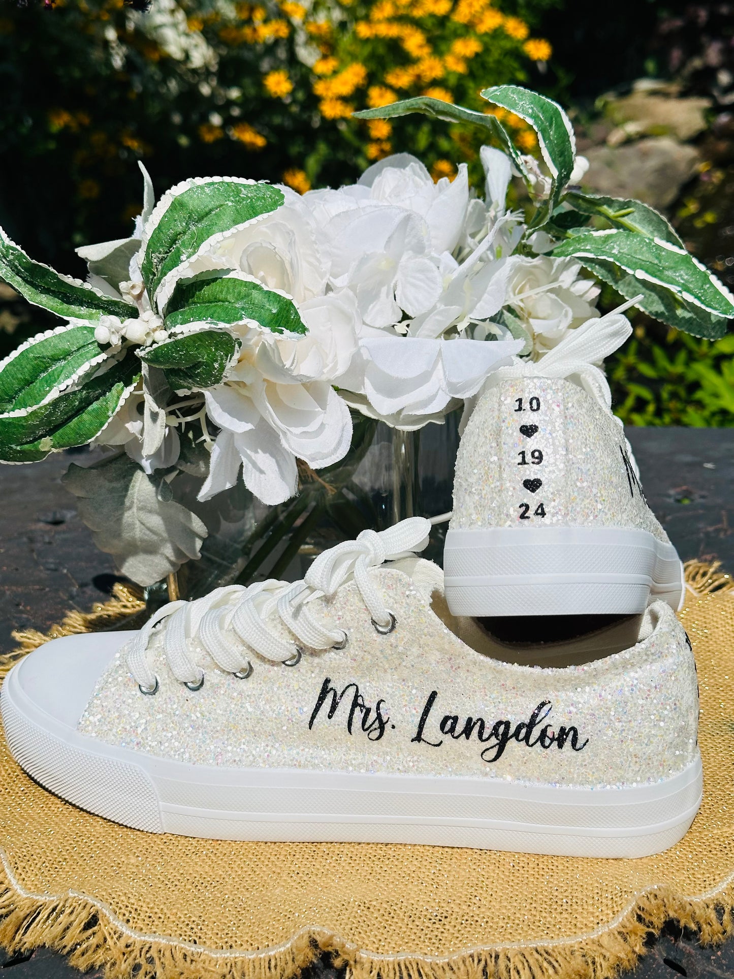 Personalized White Glitter Bride Sneakers with Black Writing