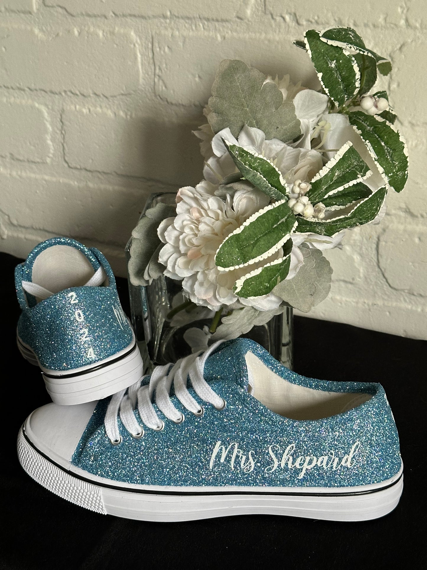 Personalized Light Blue Glitter Sneakers for Bride