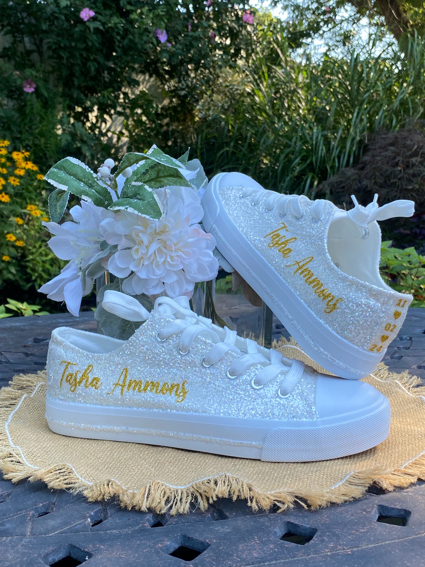 Personalized White Glitter Bride Sneakers with Gold Writing